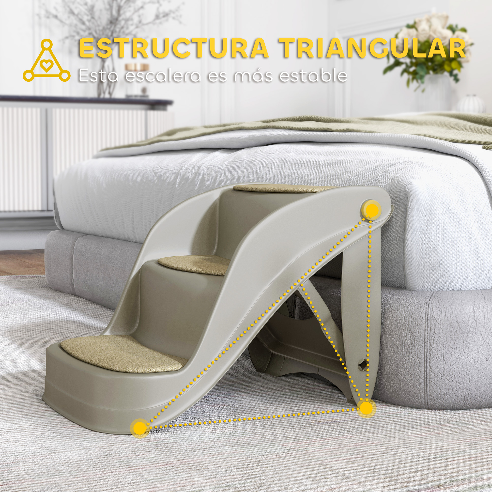 Escalera gris para mascotas con dos escalones junto a una cama.