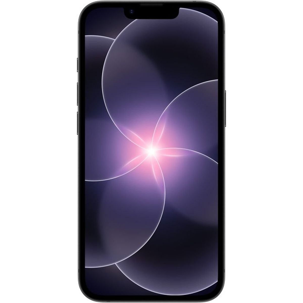 Czarny smartfon z fioletowym abstrakcyjnym tłem i jasną gwiazdą pośrodku.