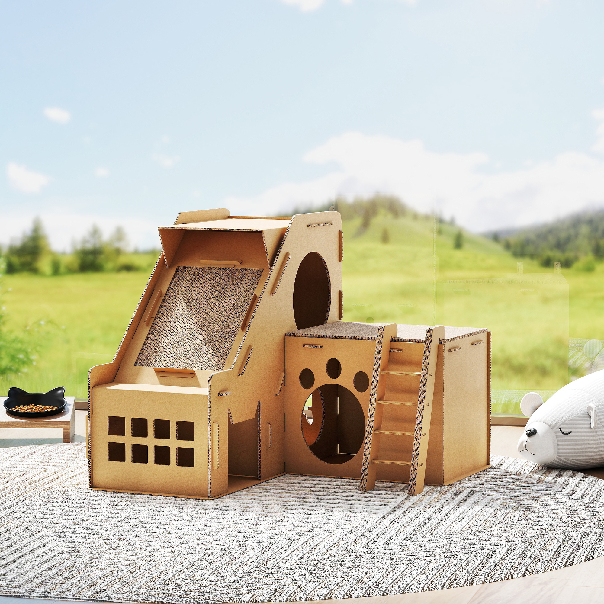 Una casa de cartón para gatos con rascador, escalera y ventanas, junto a un cuenco de comida.