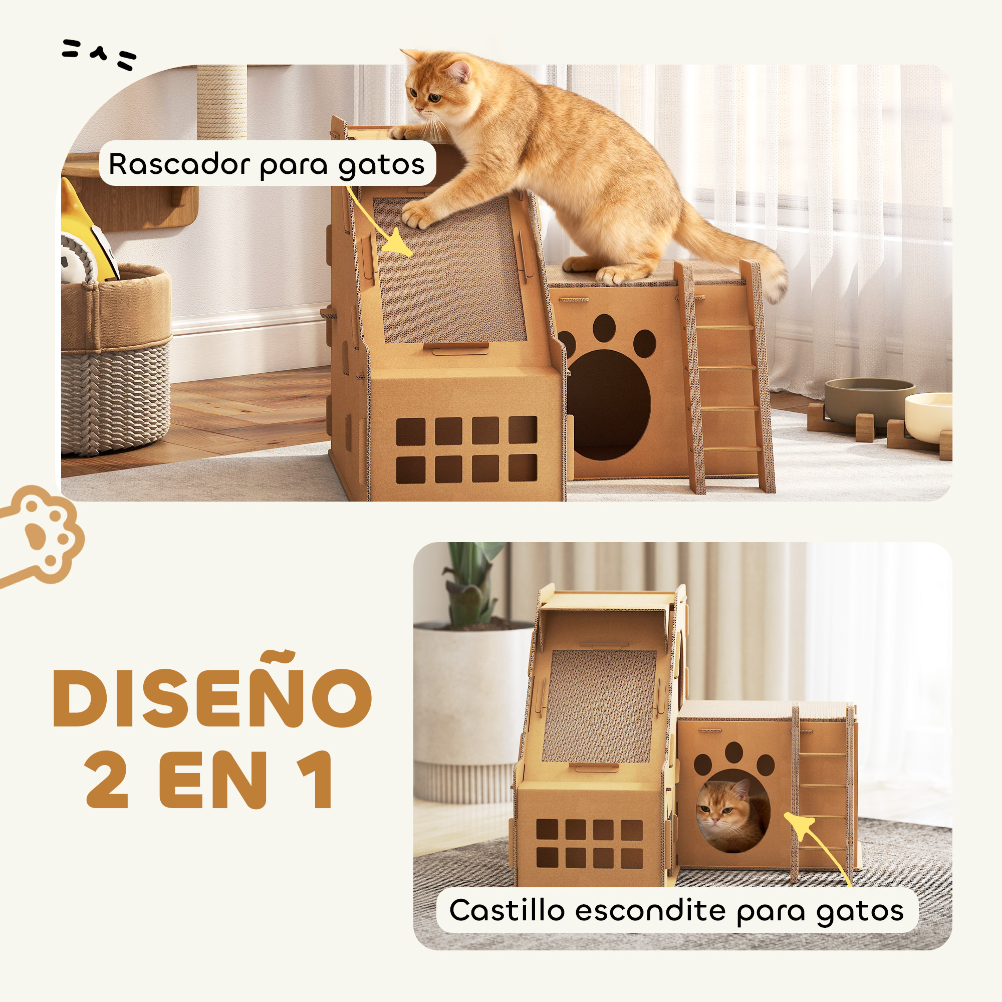 Gato en un rascador y casa para gatos de cartón.