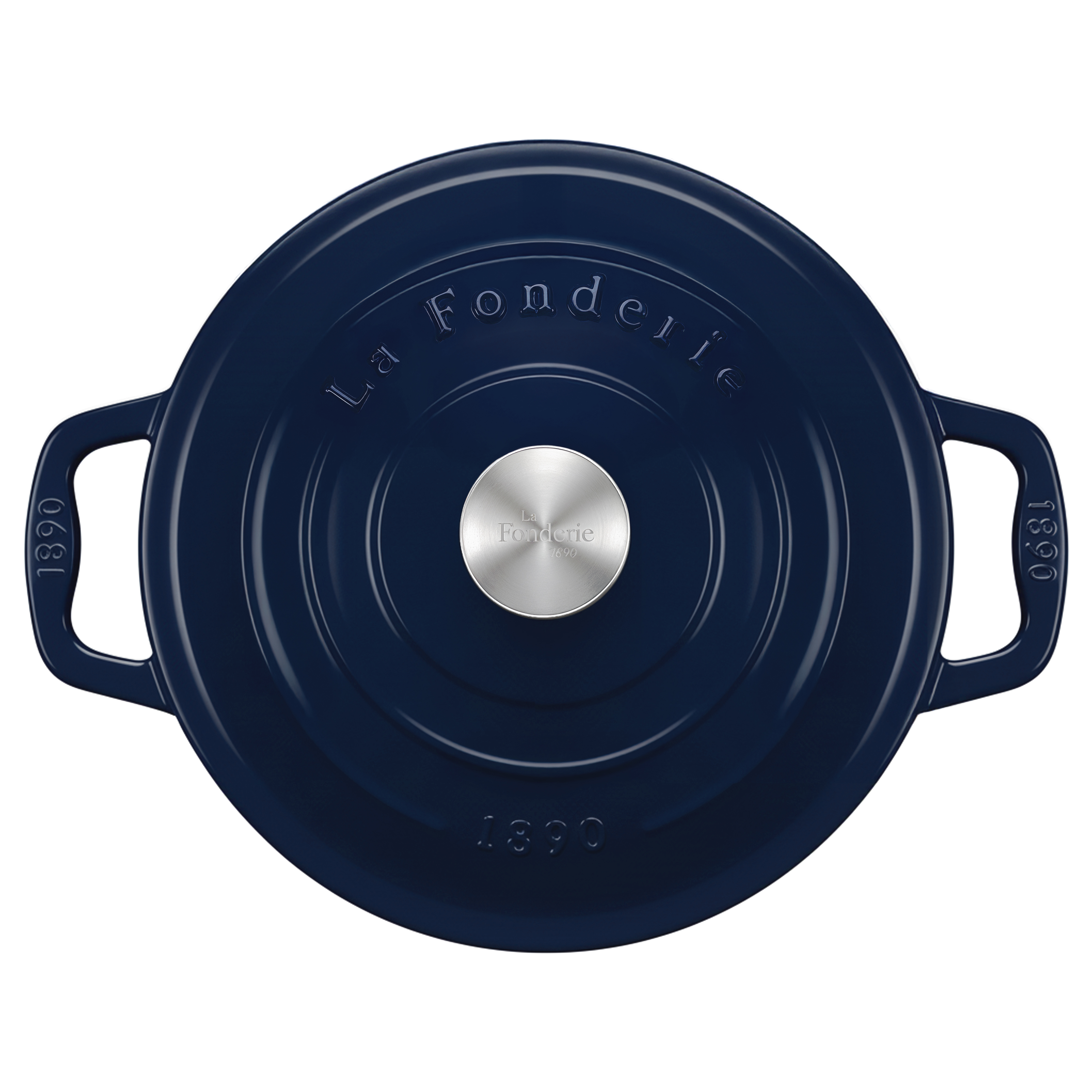 Coperchio blu scuro smaltato con manico argentato e testo in rilievo.