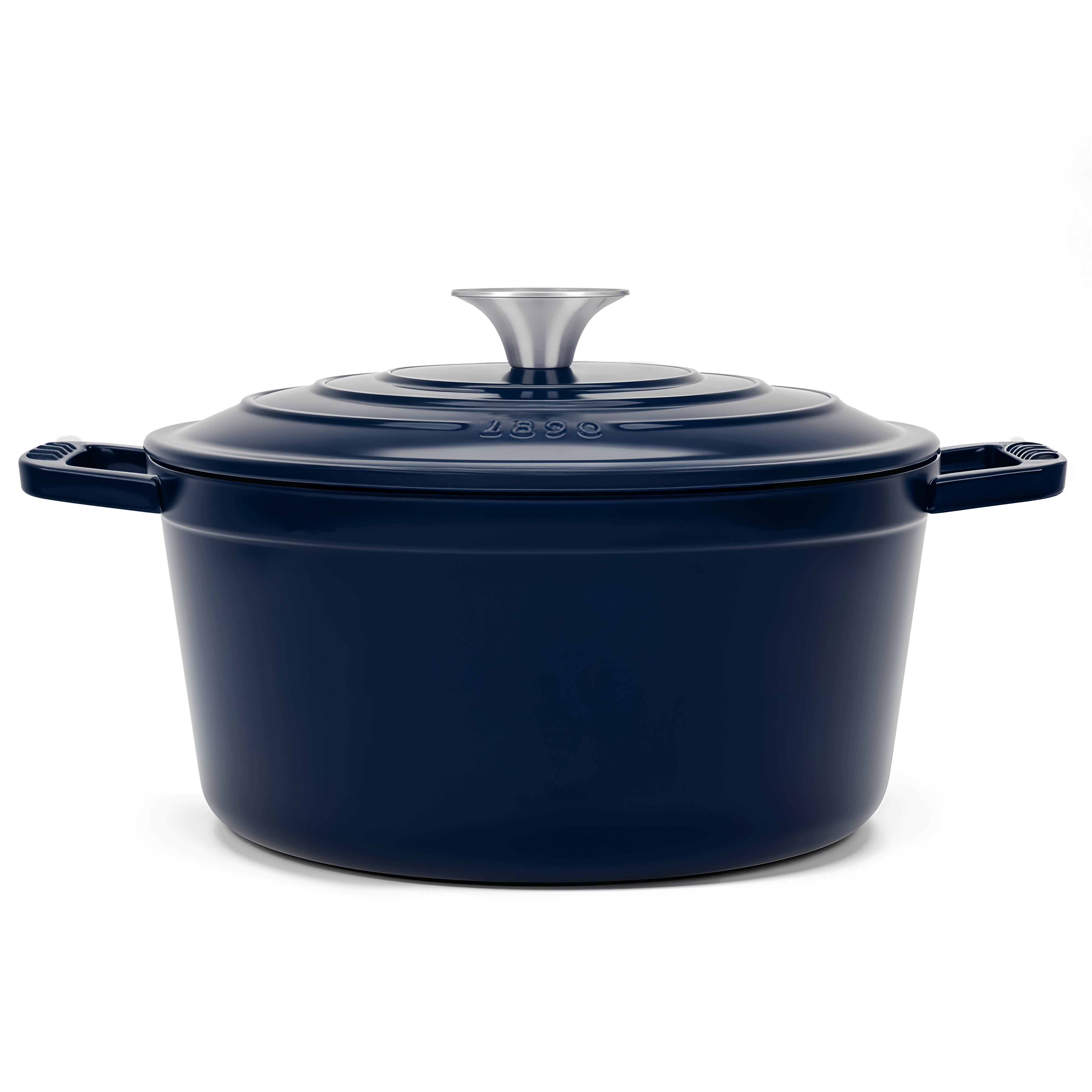 Pentola in ghisa blu scuro con manici argentati e coperchio. Iscrizione 1899.