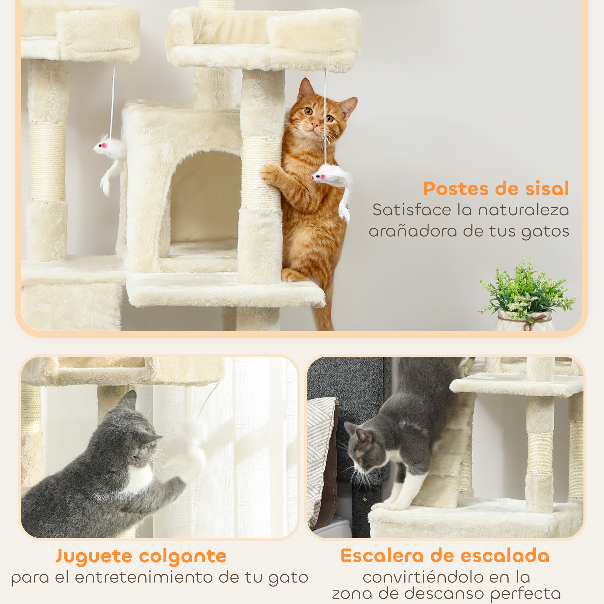 Un gato naranja y uno gris juegan en un árbol para gatos beige con juguetes.