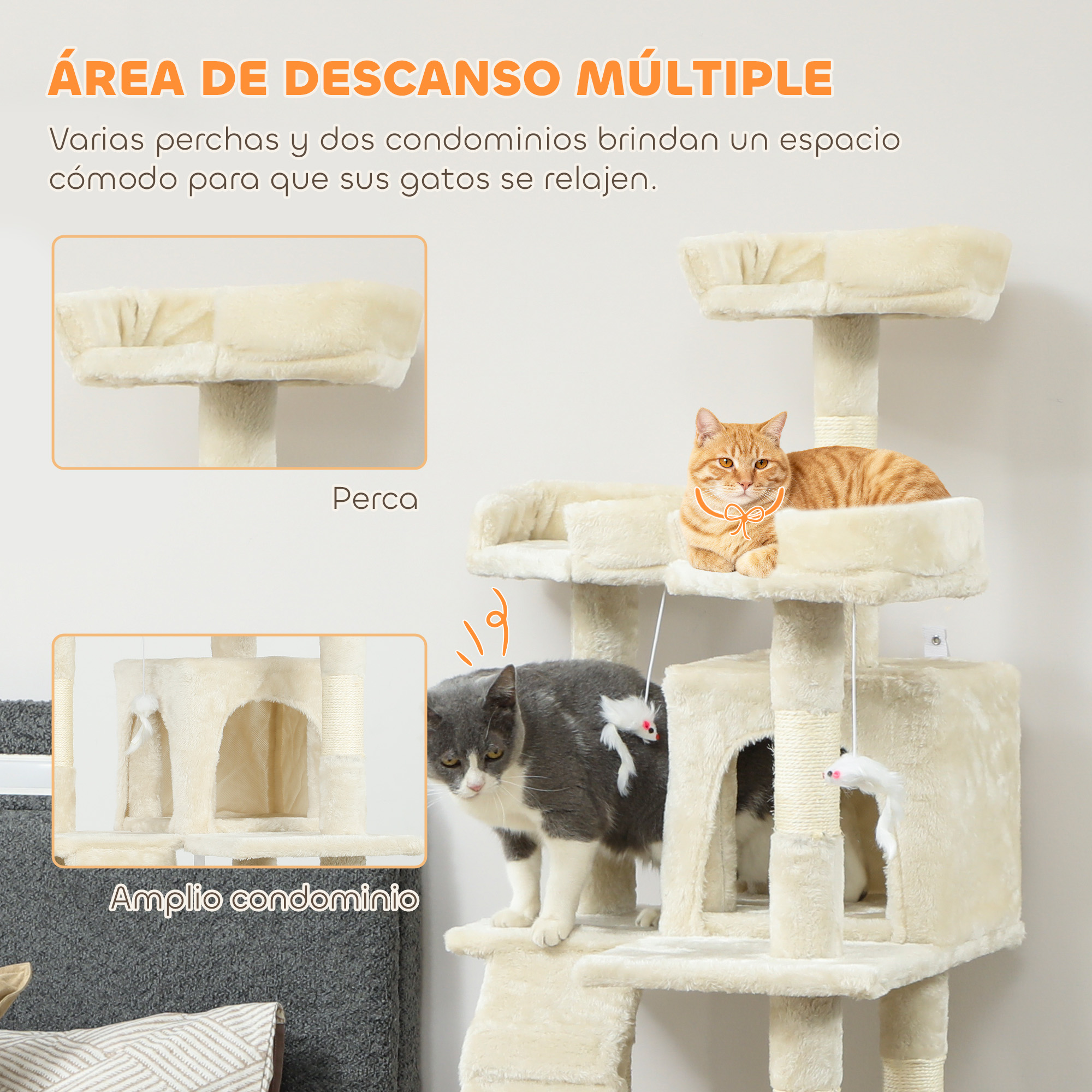 Árbol para gatos de varios niveles con dos gatos, uno en la percha superior y otro debajo.