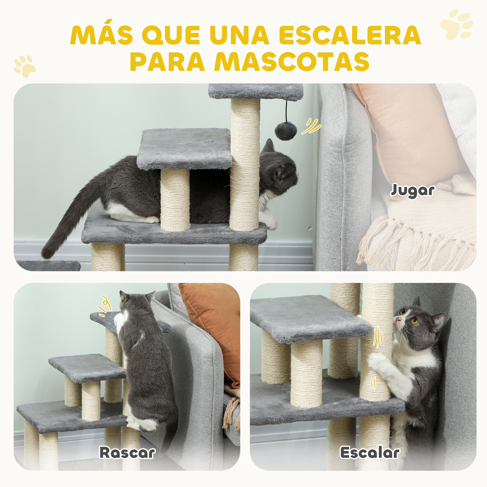 Árboles grises para gatos de varios niveles con postes de cuerda de sisal; gatos jugando.