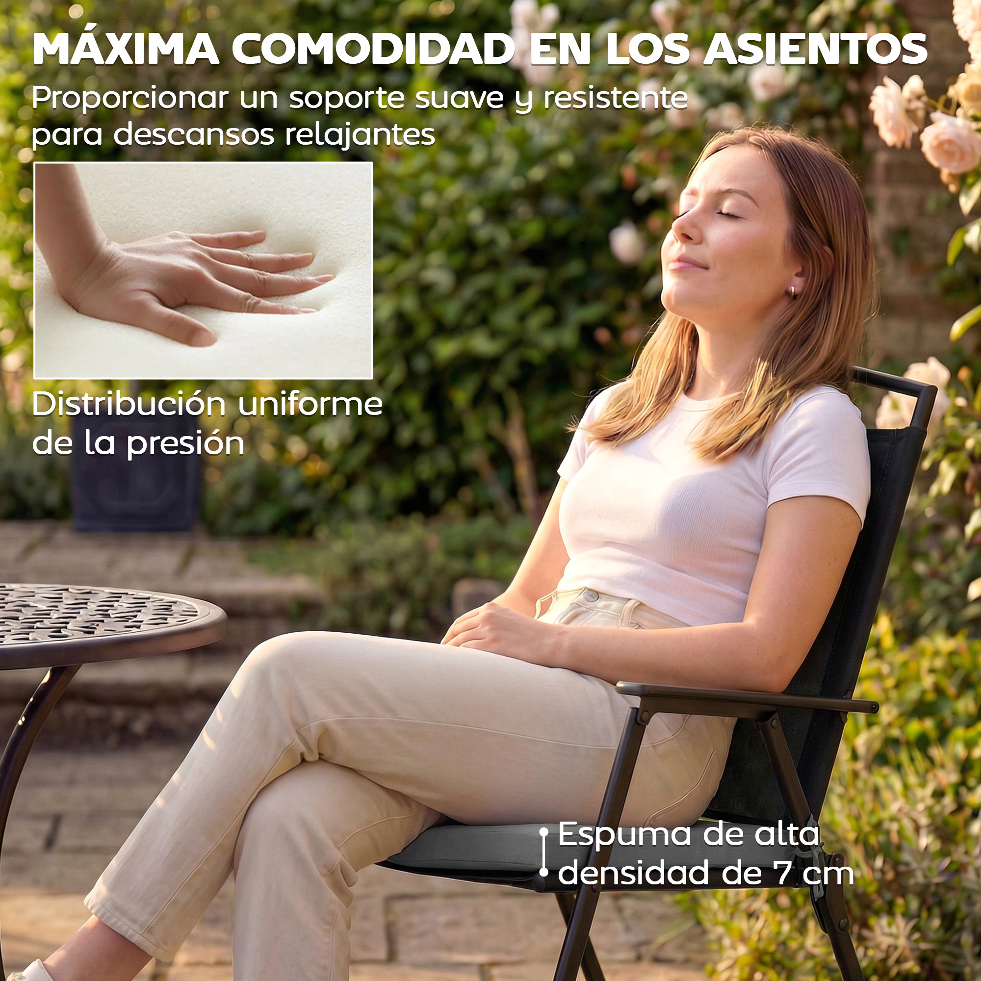 Una mujer se relaja en una silla al aire libre, con texto sobre comodidad y cojín.