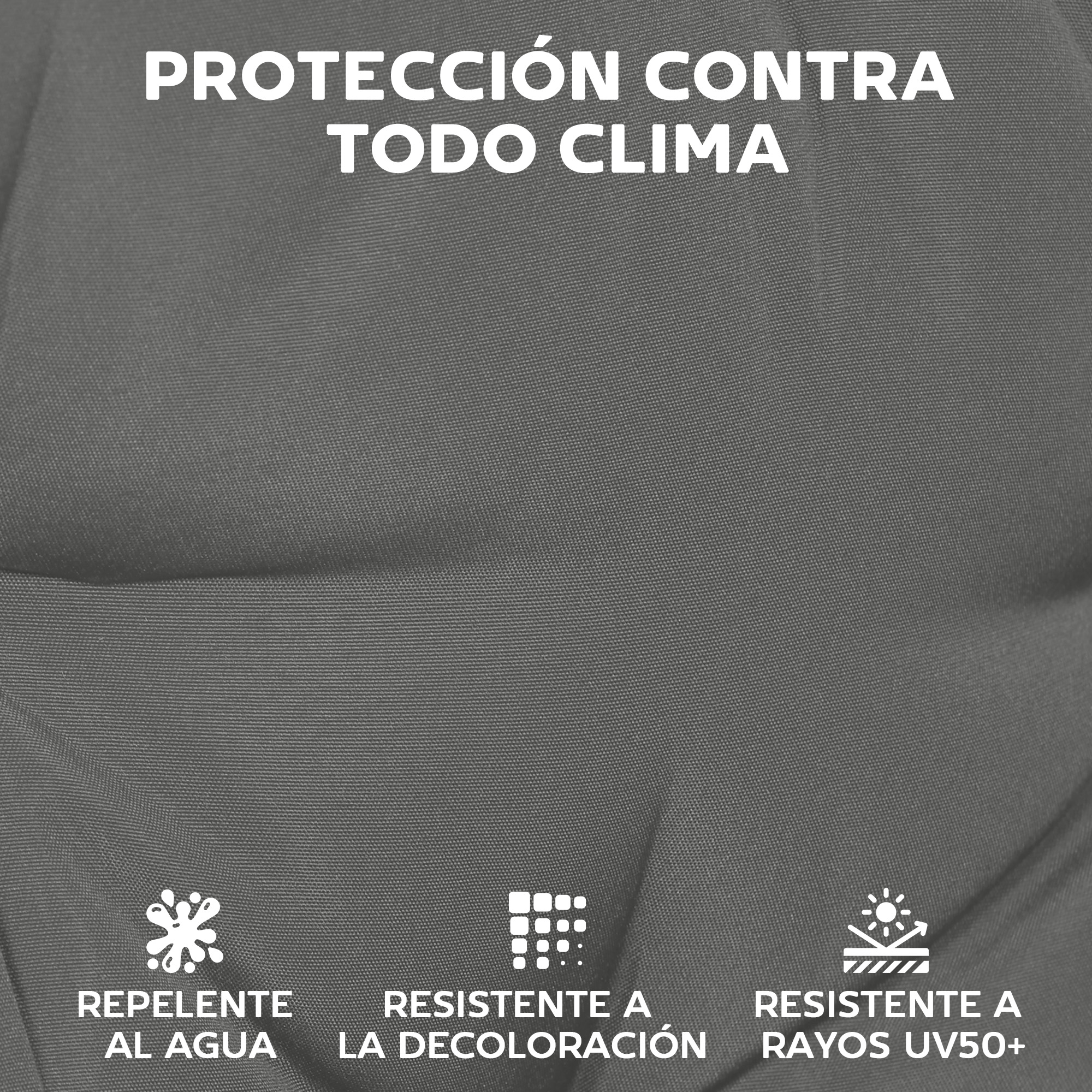 Tejido gris con texto e iconos: repelente al agua, resistente a la decoloración, UV.