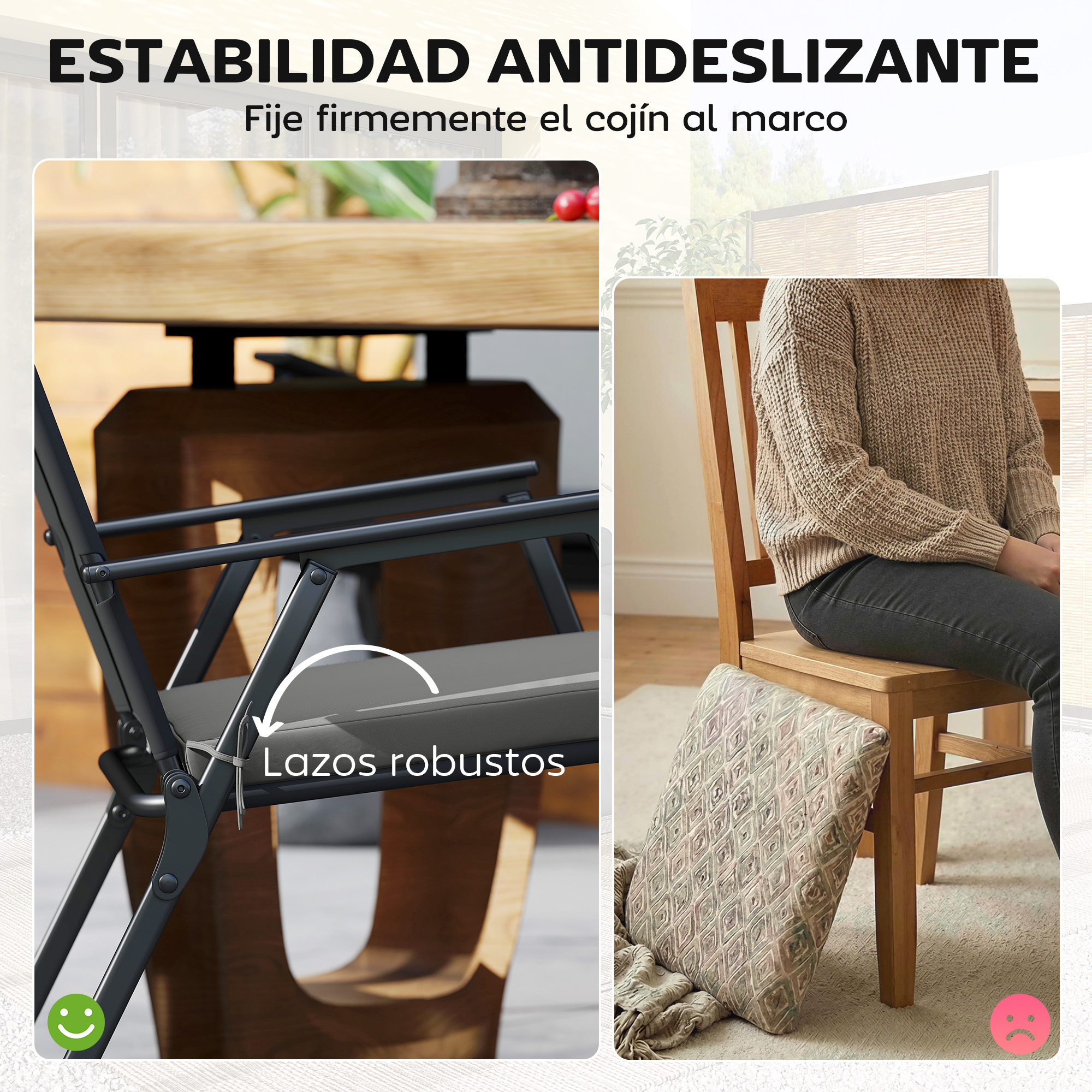Silla plegable negra con correas robustas, persona sentada en silla de madera.