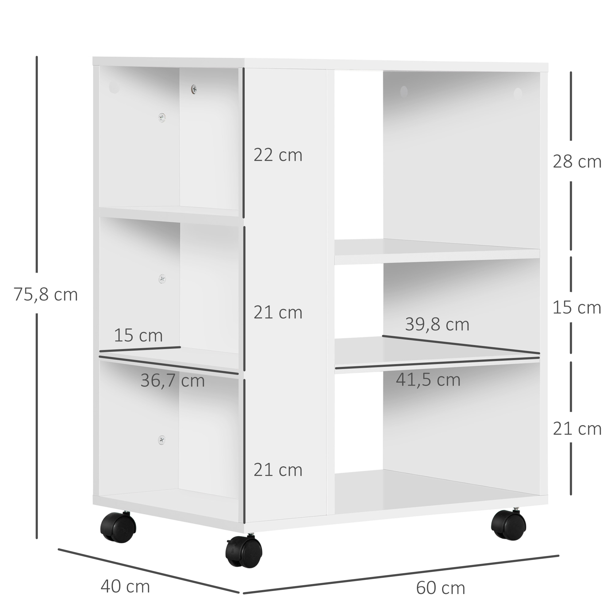 Un estante blanco con ruedas, se muestran las dimensiones.