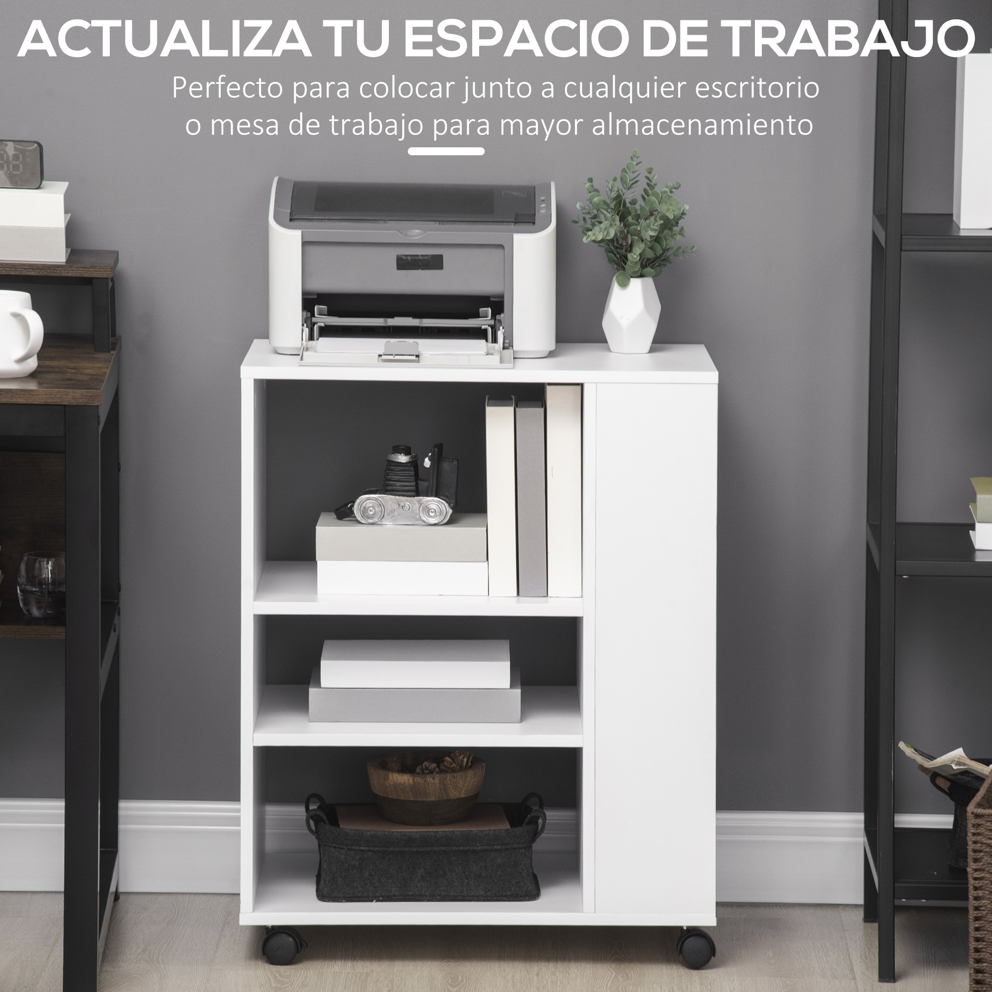 Un mueble blanco con impresora, libros, decoración de cámara y planta.