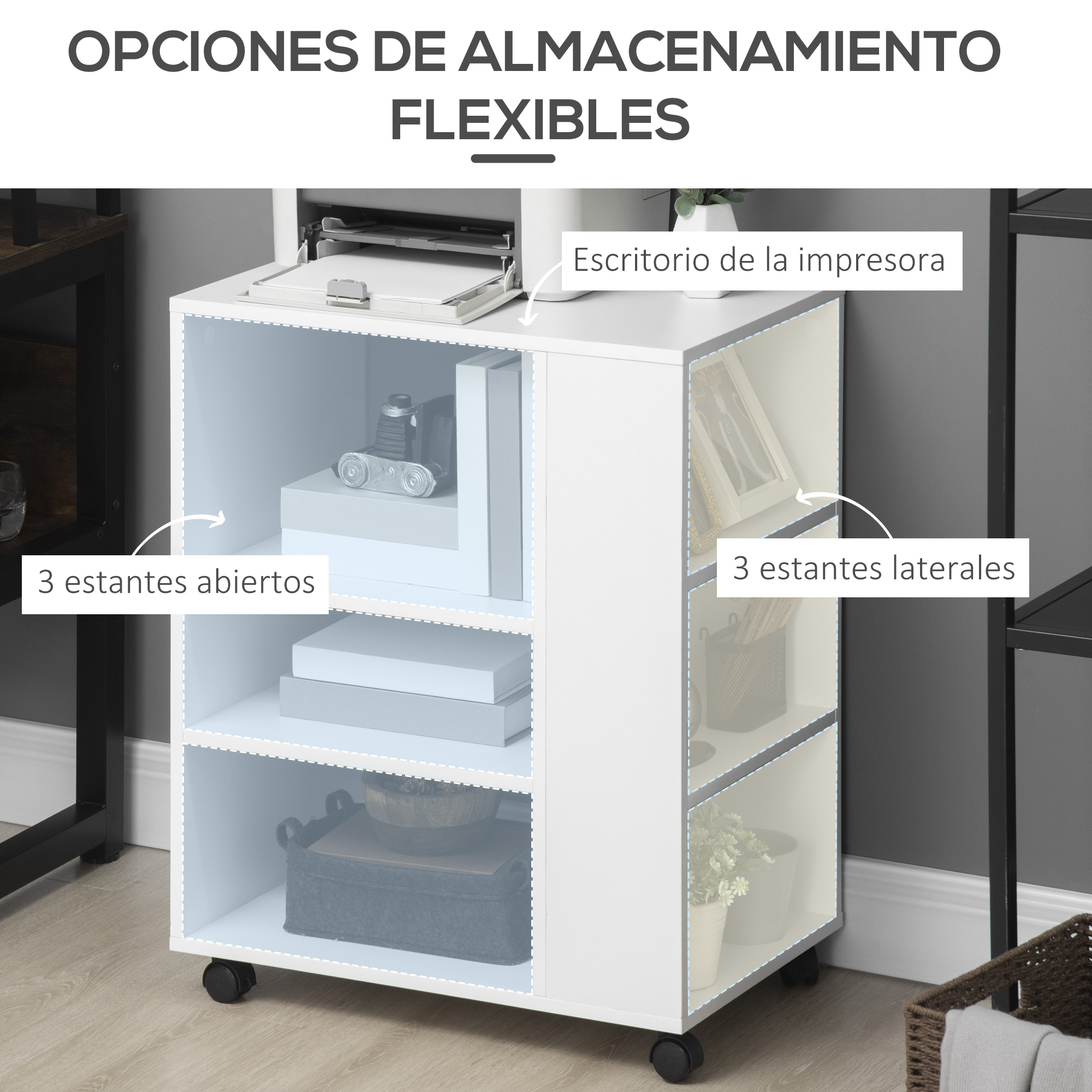 Un mueble blanco con tres estantes abiertos y tres estantes laterales.