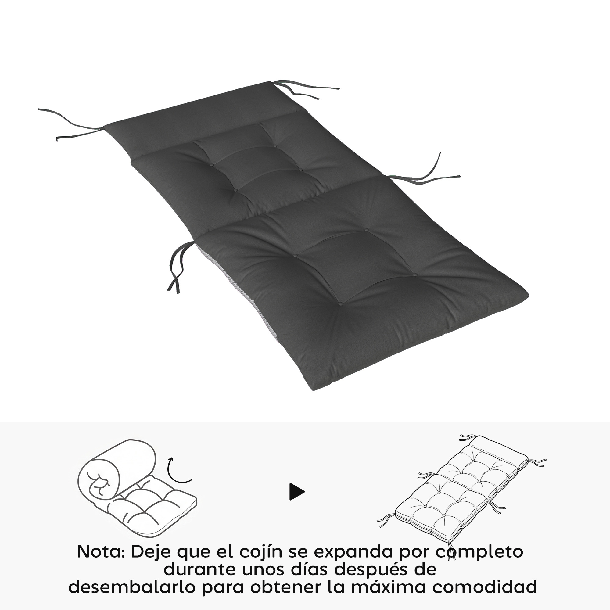Cojín gris oscuro acolchado con cintas de sujeción.