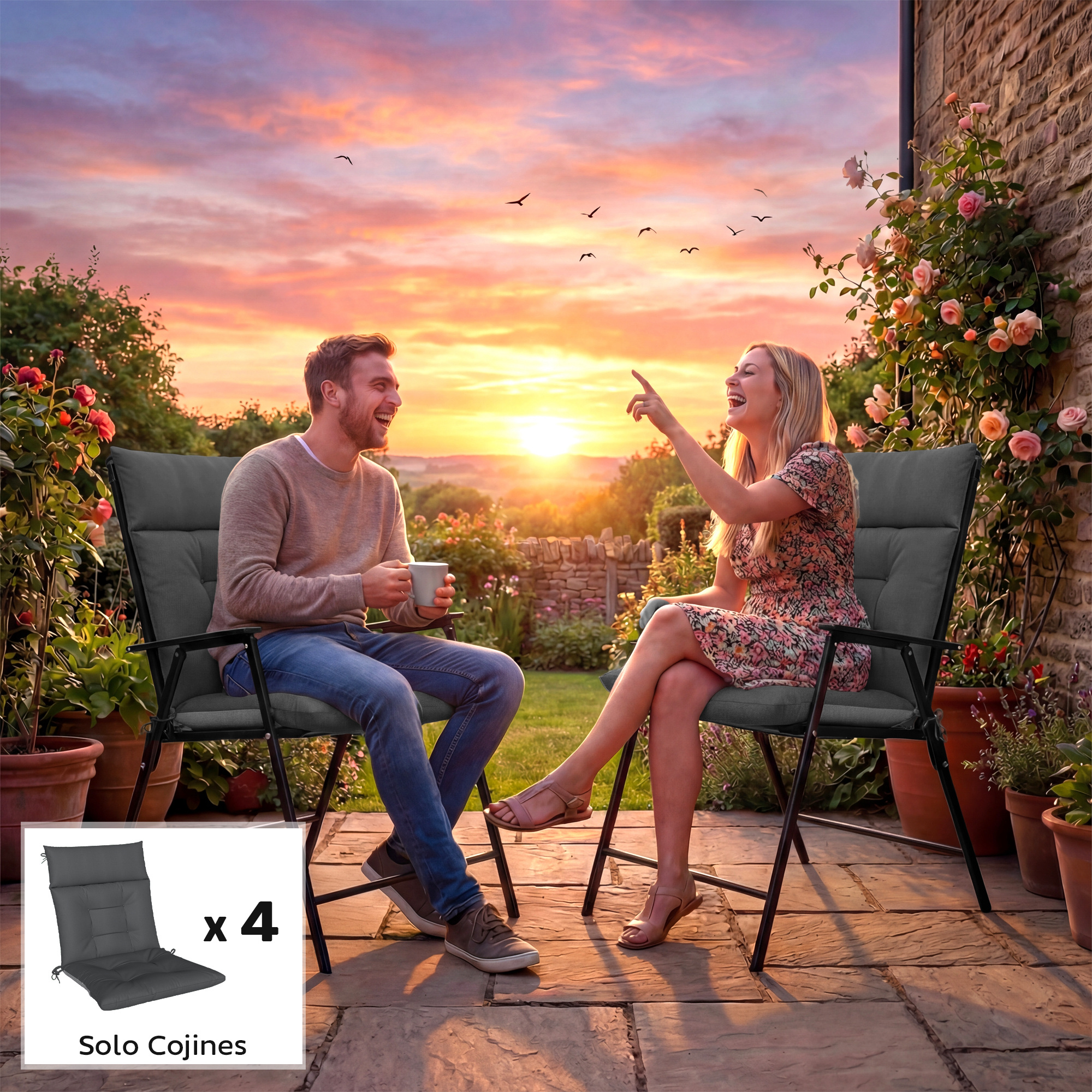 Pareja sentada en sillas de jardín al atardecer con rosas y cielo cálido.