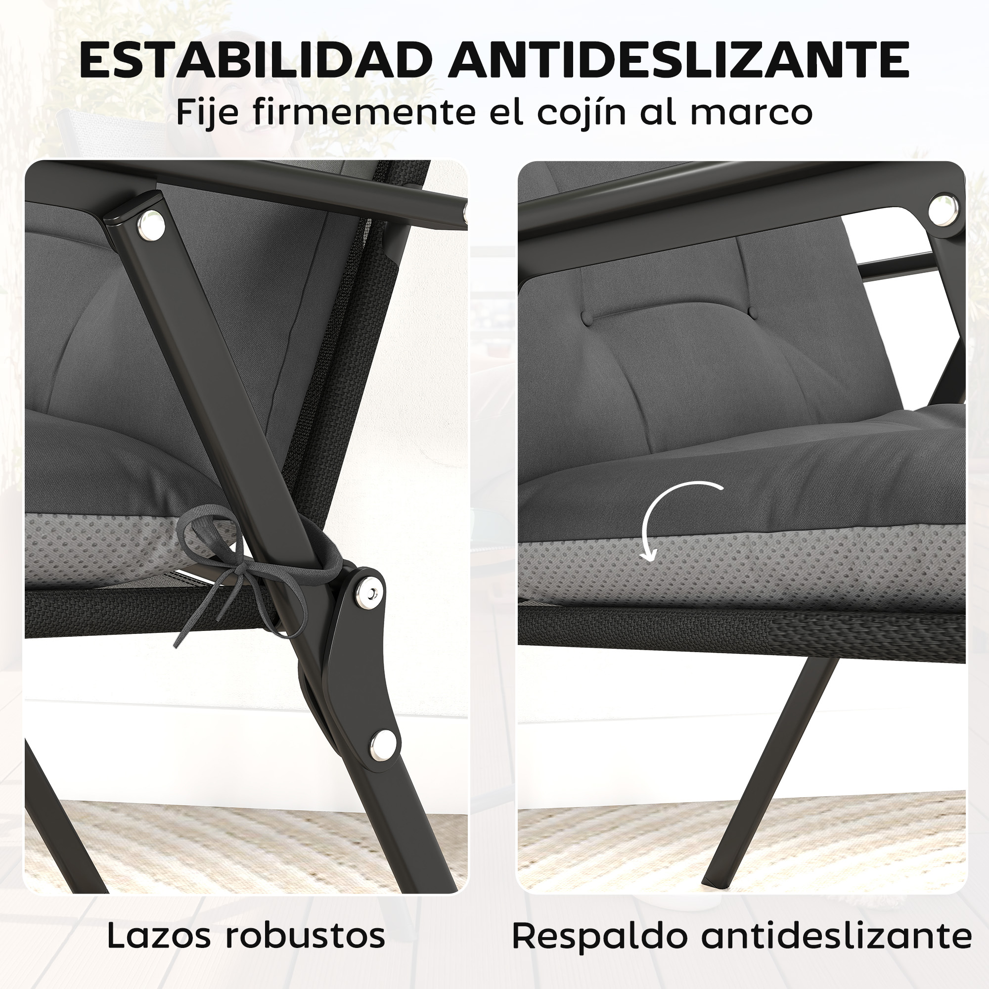 Una silla de exterior gris con lazos robustos y respaldo antideslizante.