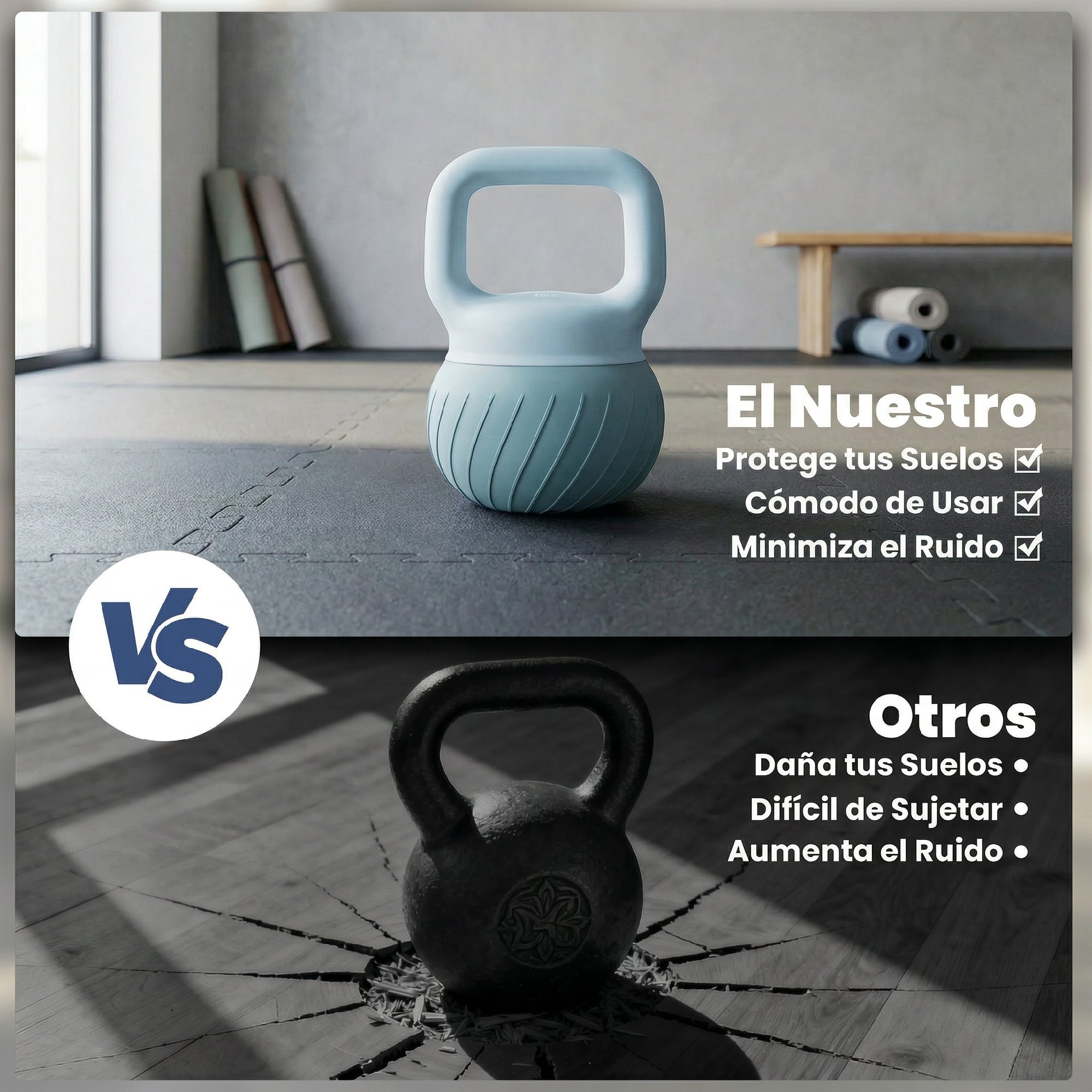 Una pesa rusa azul sobre una superficie de madera agrietada.