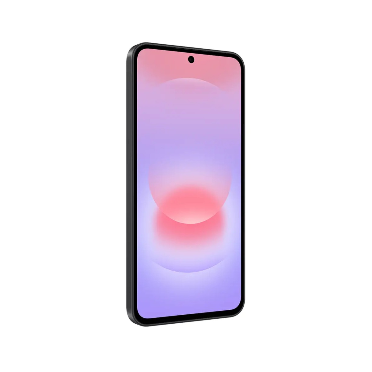 Czarny smartfon z ekranem w kolorze fioletowo-różowym.