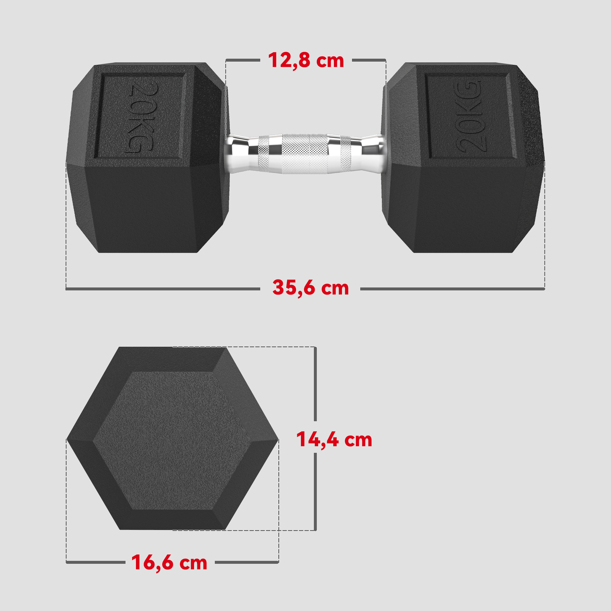 Mancuerna negra con marca de 20KG y dimensiones.