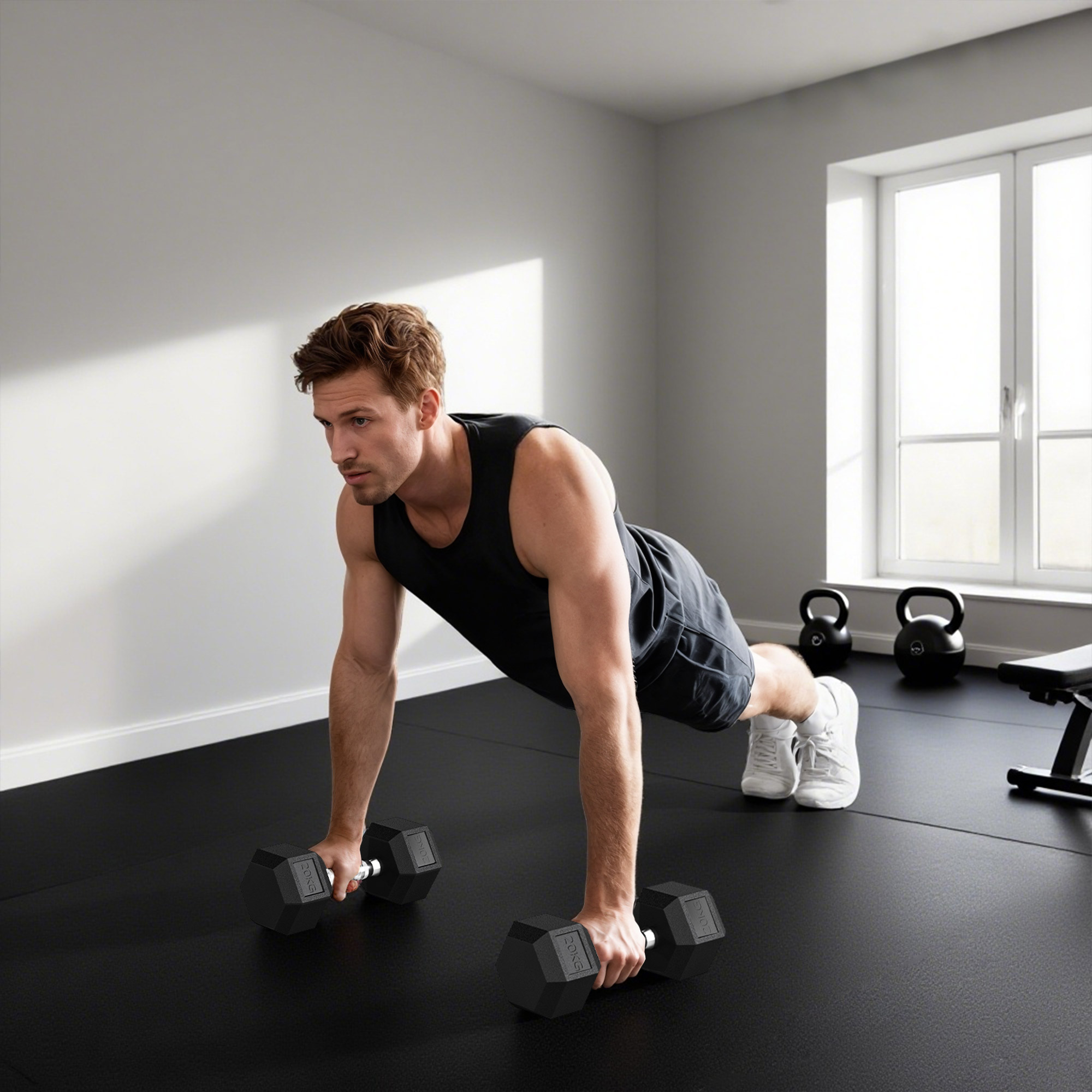 Hombre haciendo flexiones con mancuernas en un gimnasio.