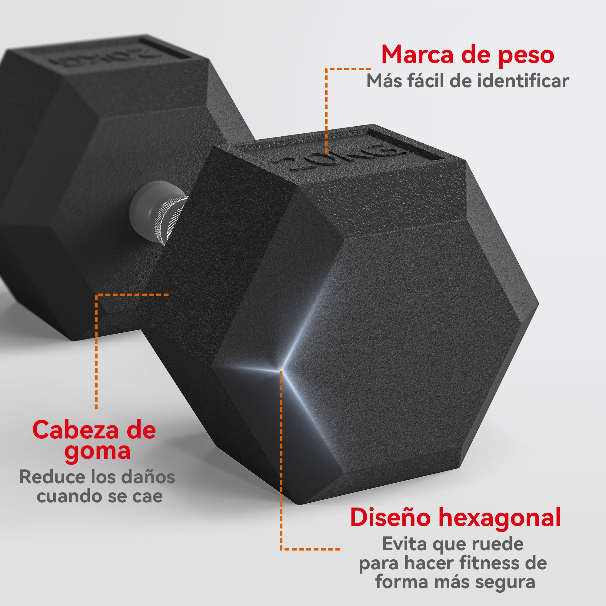 Mancuerna negra con cabeza hexagonal, agarre de goma y marca de peso.