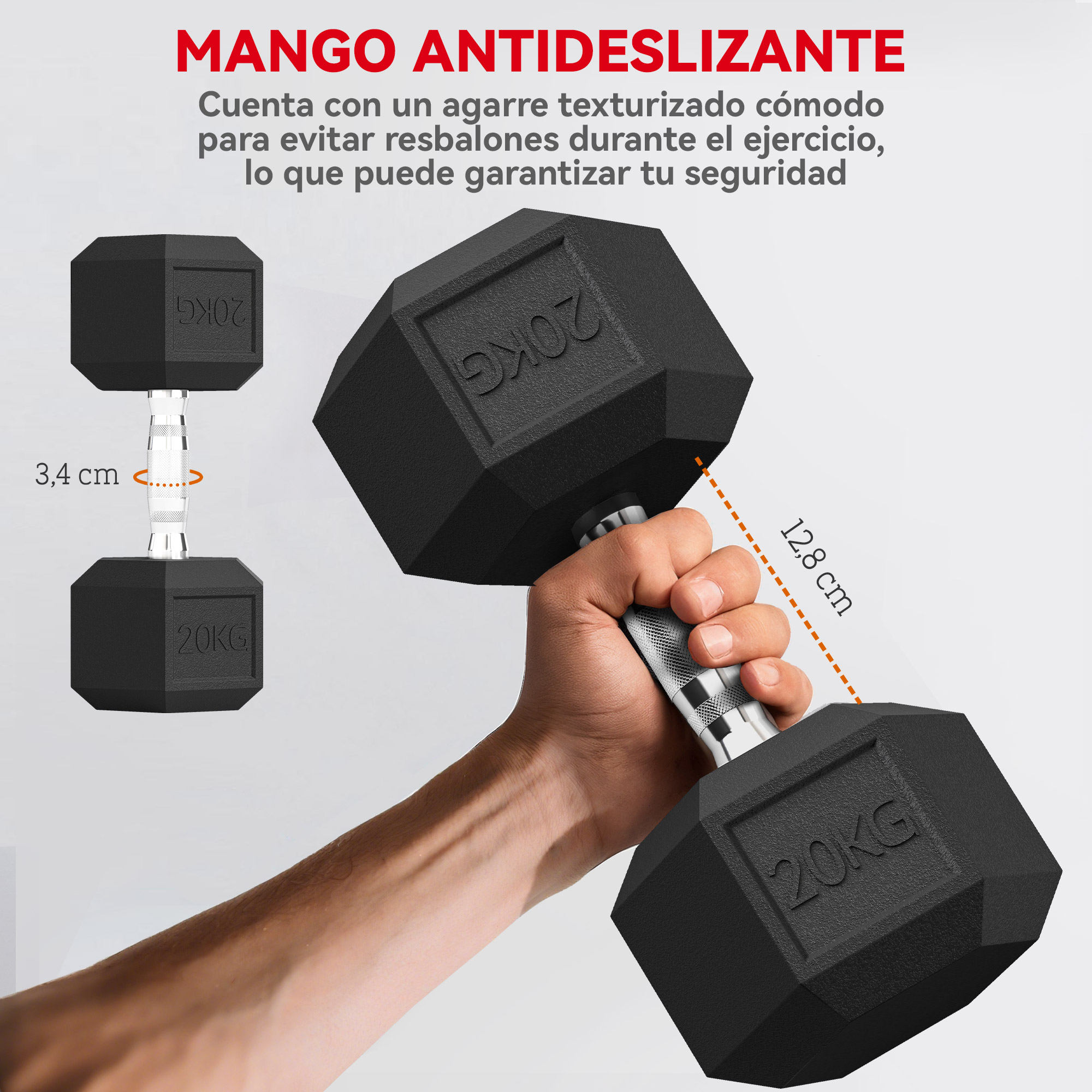 Mano sostiene mancuerna de 20kg. Izquierda muestra agarre 3,4cm. Derecha muestra largo 12,8cm.