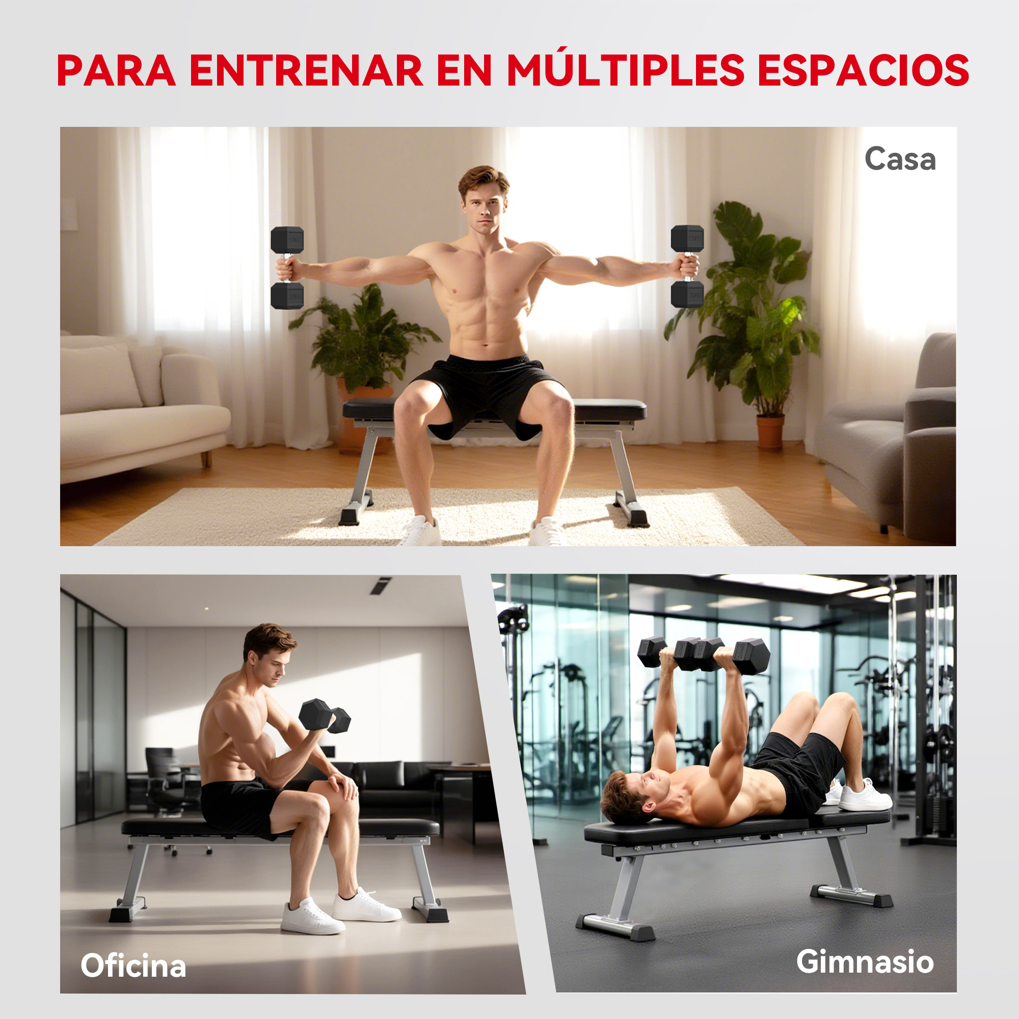 Un hombre se ejercita con pesas en casa, en una oficina y en un gimnasio.