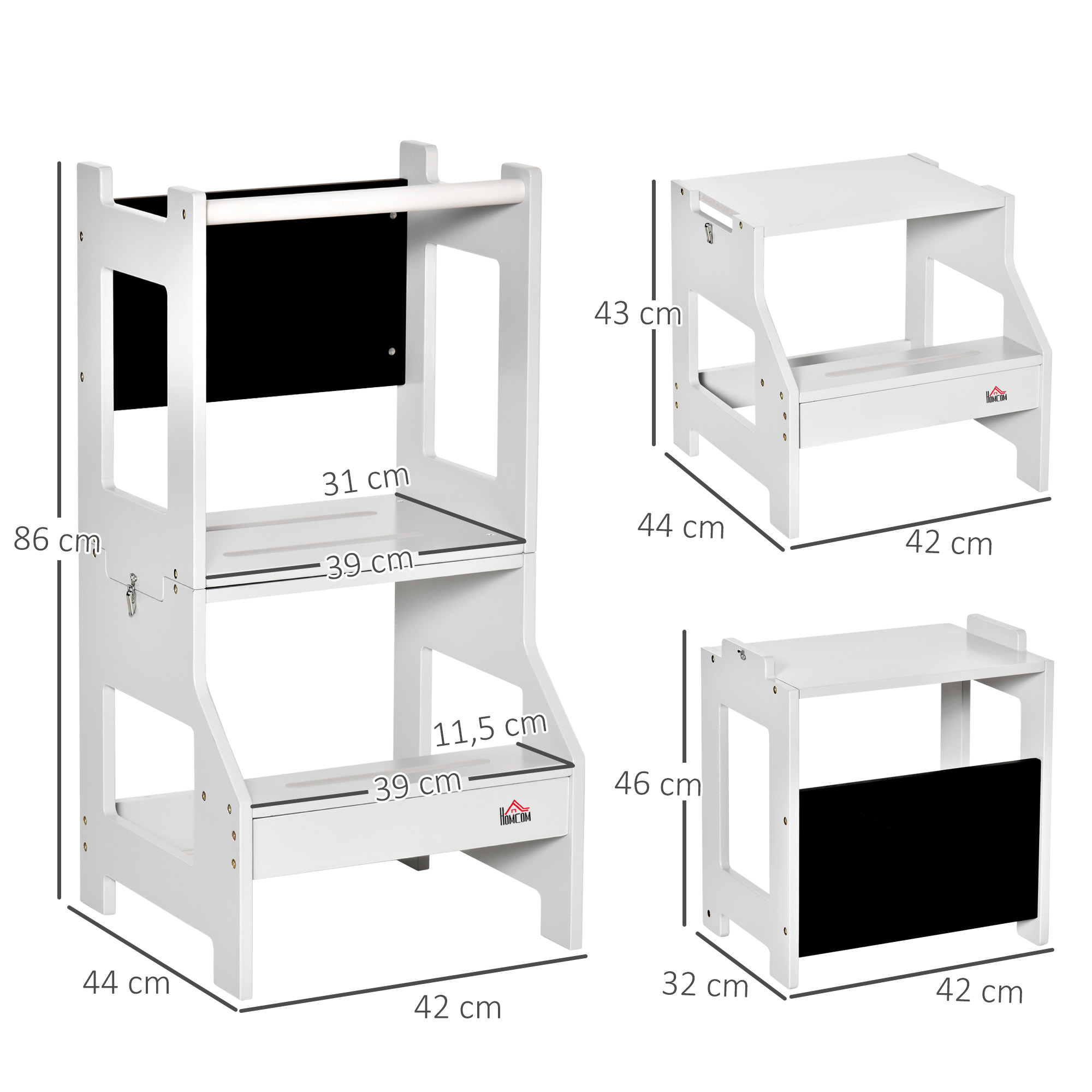 Torre de aprendizaje infantil blanca con pizarra y dimensiones