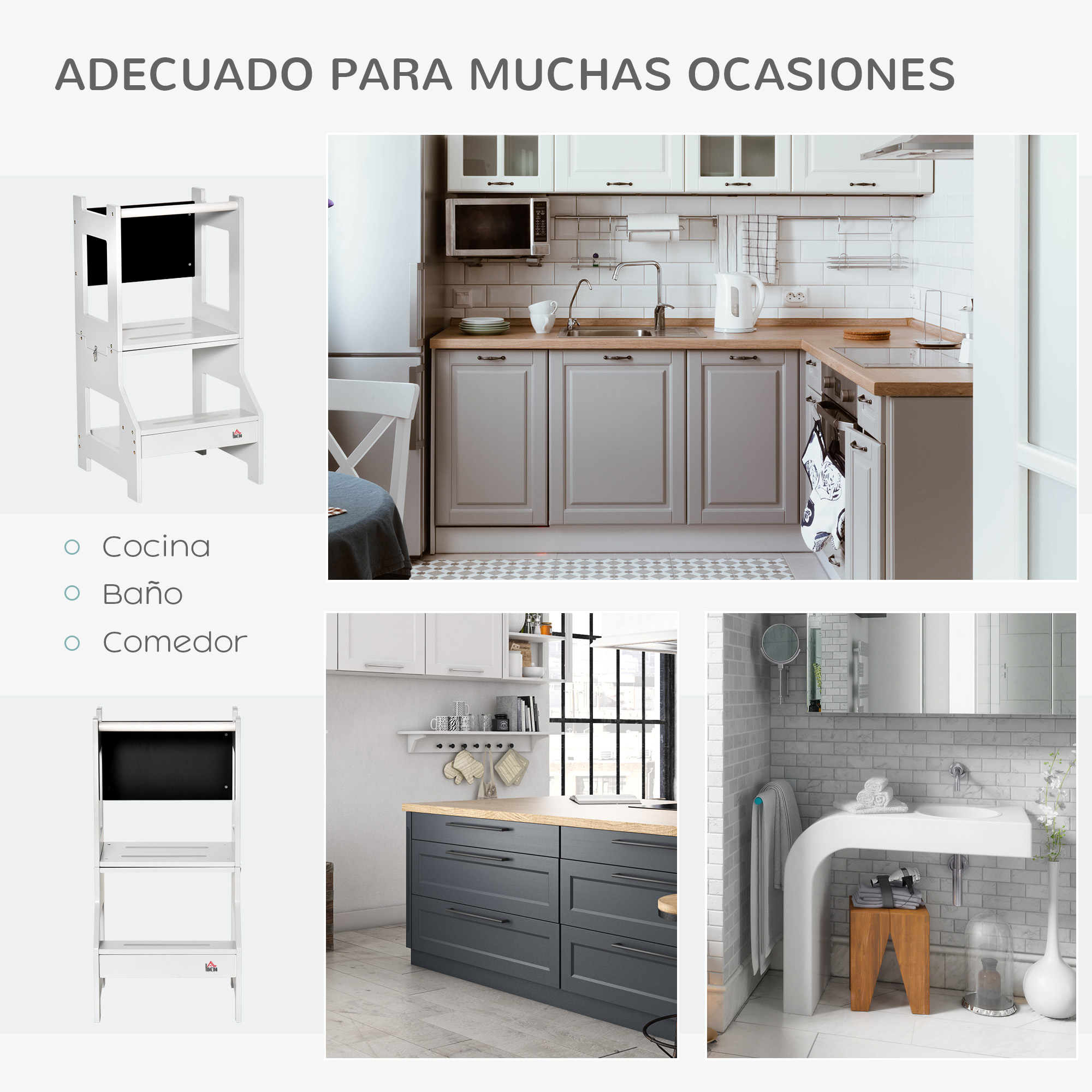 Un taburete blanco con pizarra y una cocina moderna con gabinetes grises.