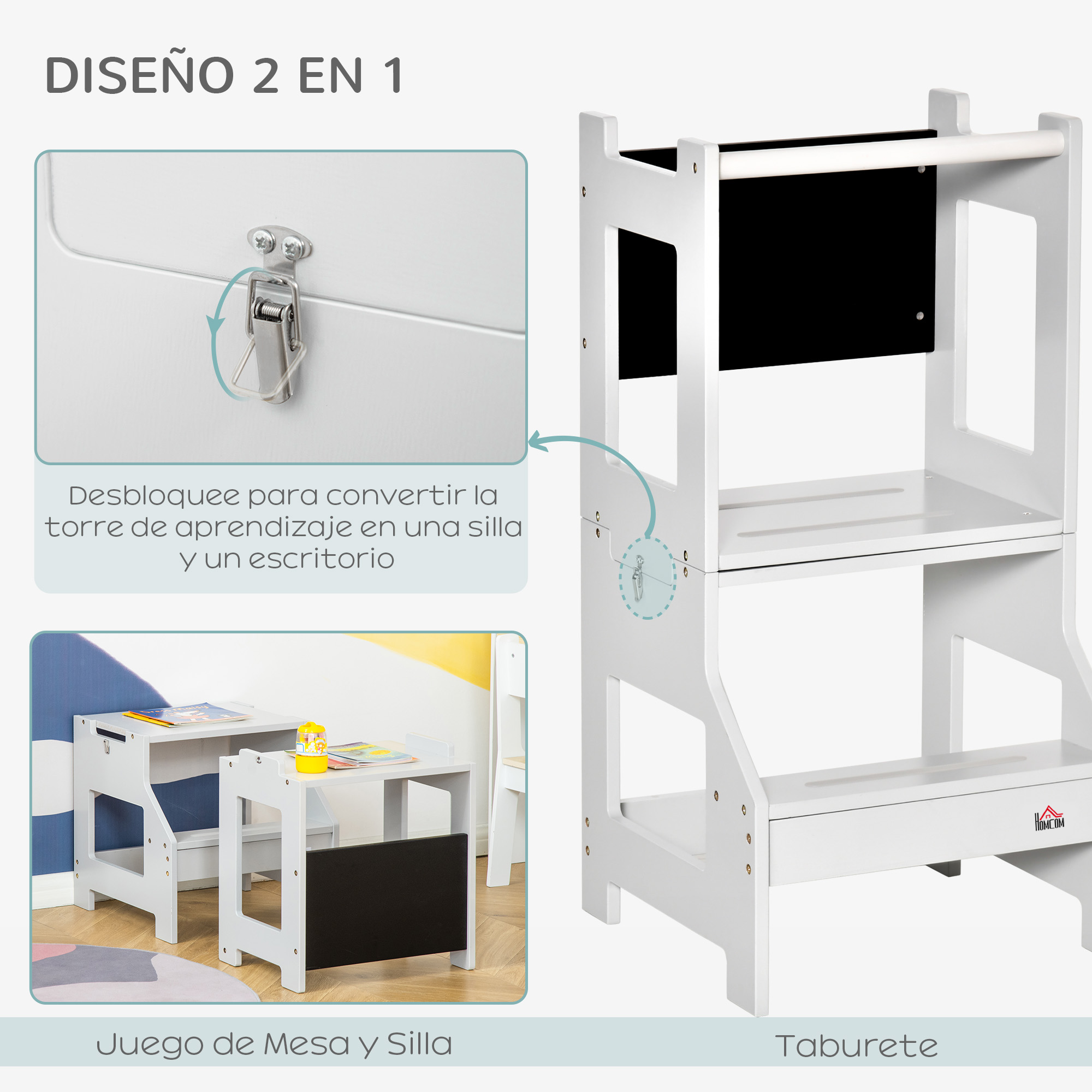 Torre de aprendizaje blanca con pizarra, convertible en escritorio y silla.