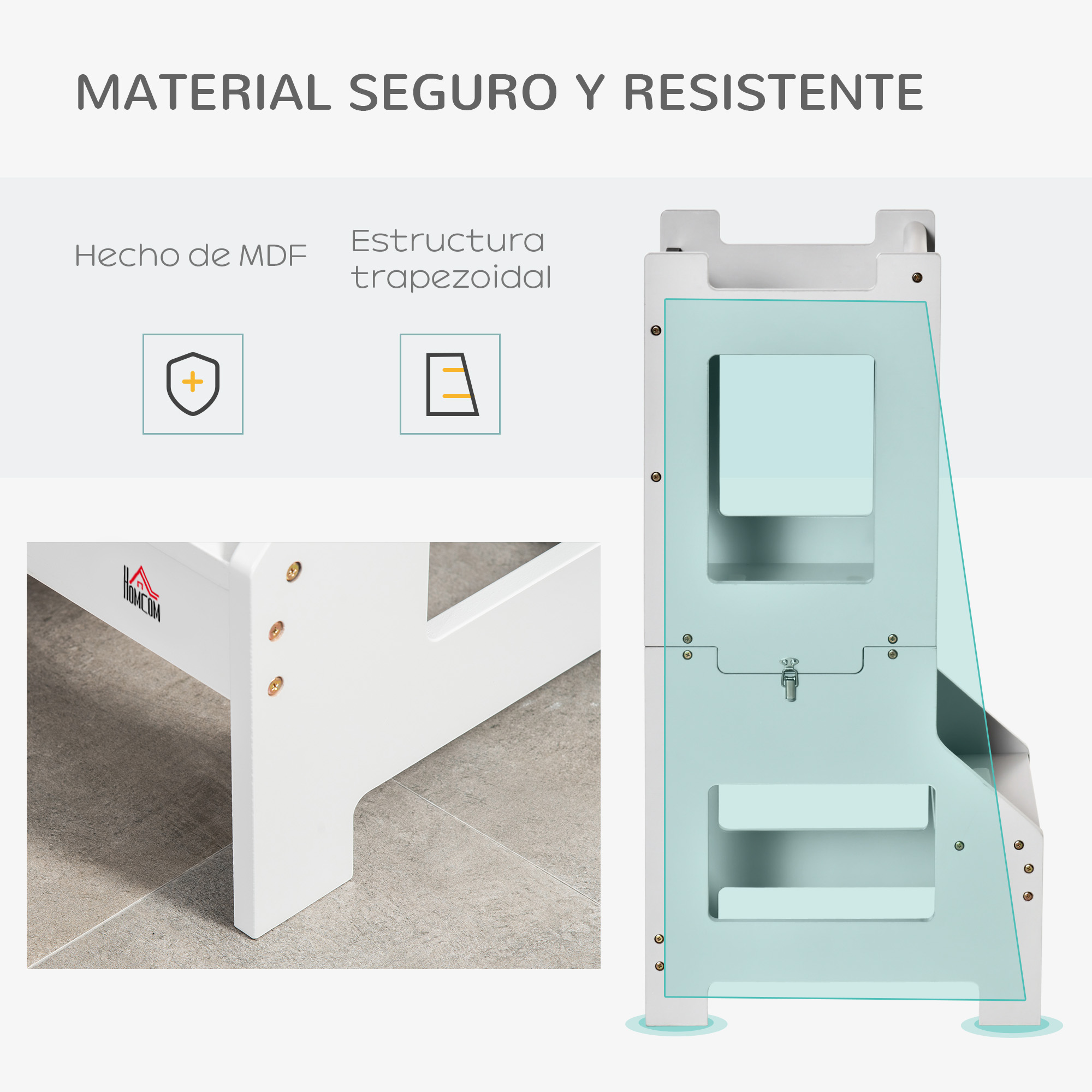 Construcción segura y robusta de MDF con estructura trapezoidal.