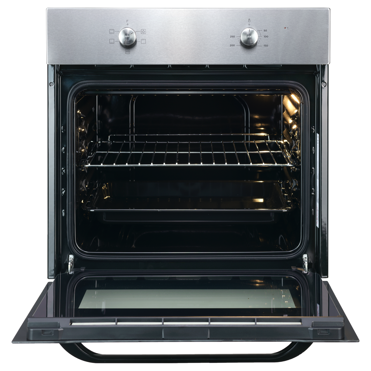 Un horno abierto de acero inoxidable con dos rejillas y interior iluminado.