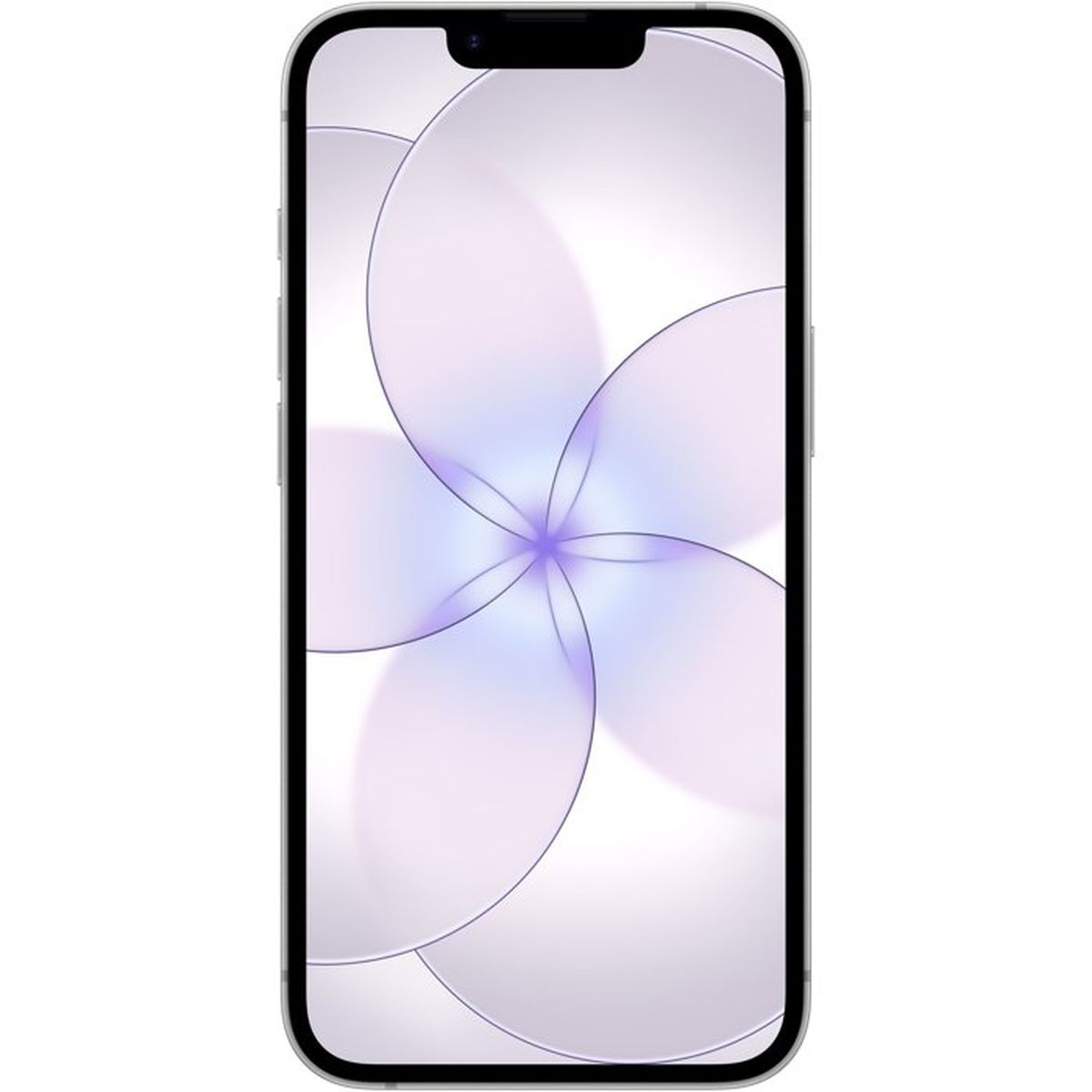 Srebrny smartfon z fioletowo-białą tapetą w kwiaty.