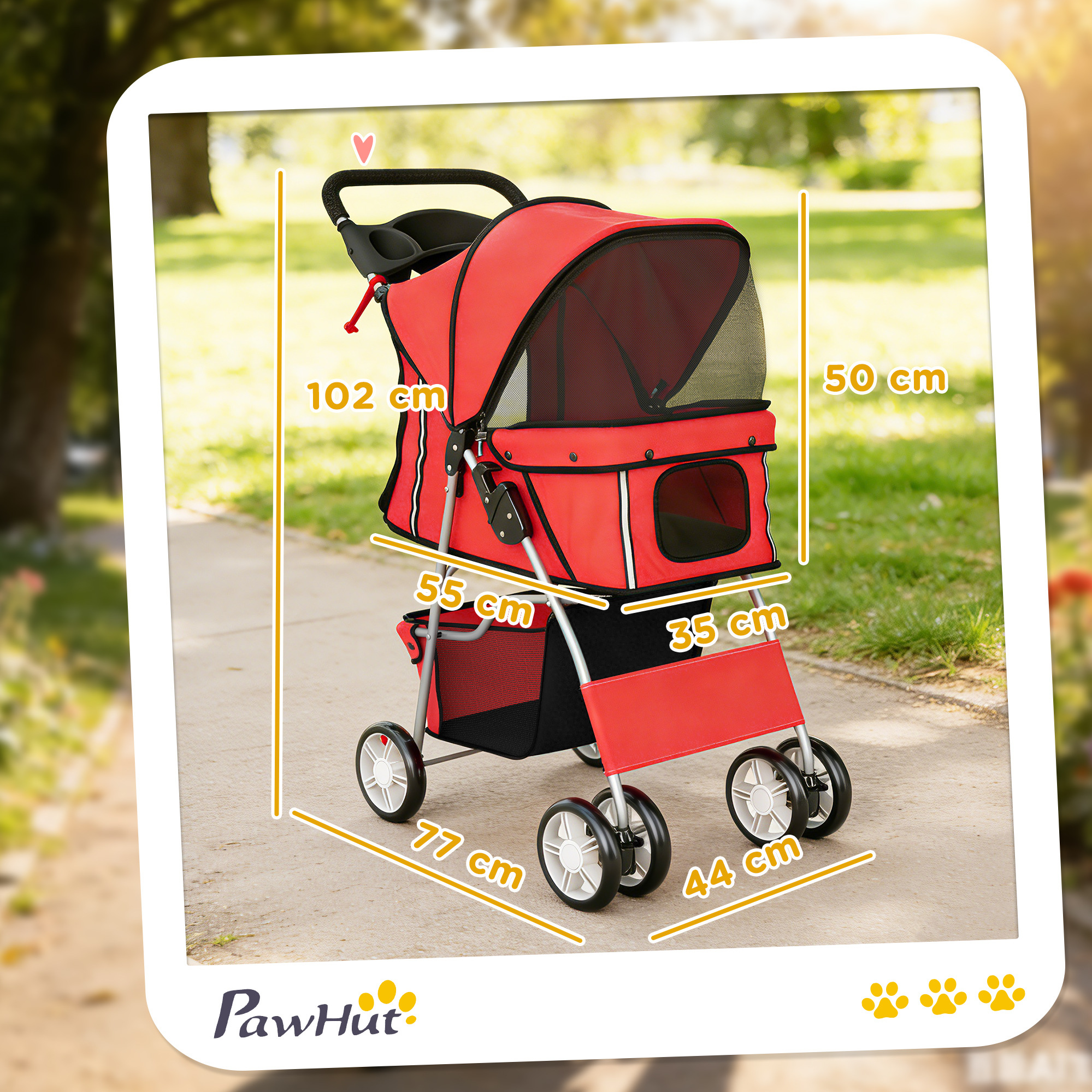 Un cochecito rojo para mascotas con dimensiones mostradas en una acera exterior.