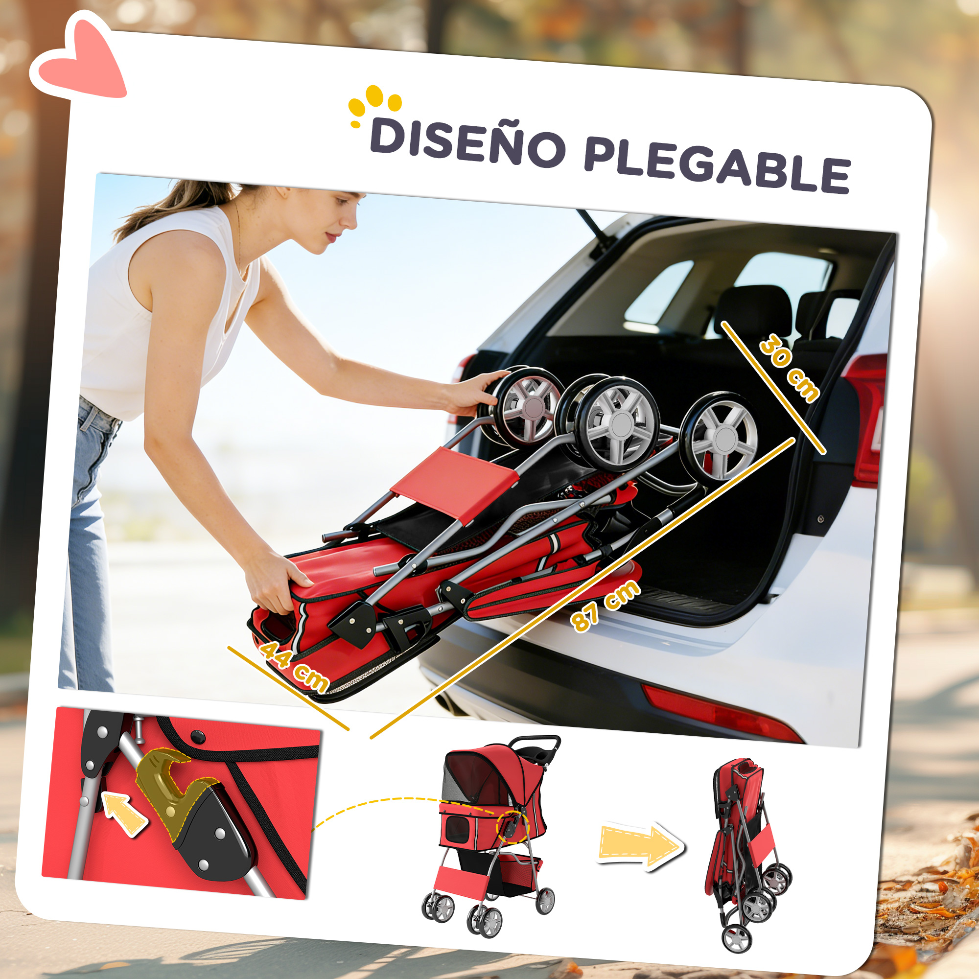Mujer cargando cochecito plegable rojo para mascotas en maletero. Dimensiones mostradas.