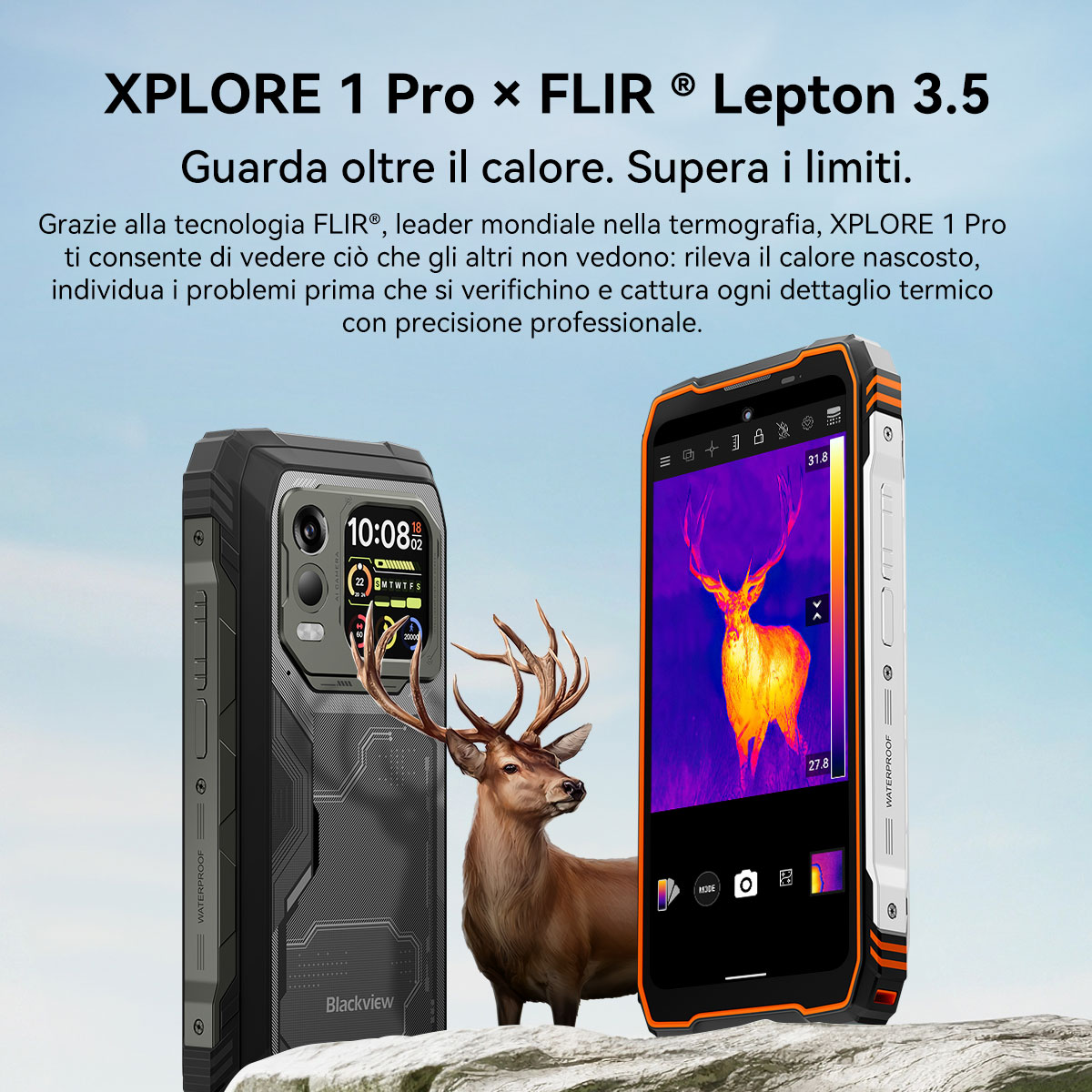 Uno smartphone robusto con termocamera mostra un'immagine termica di un cervo.