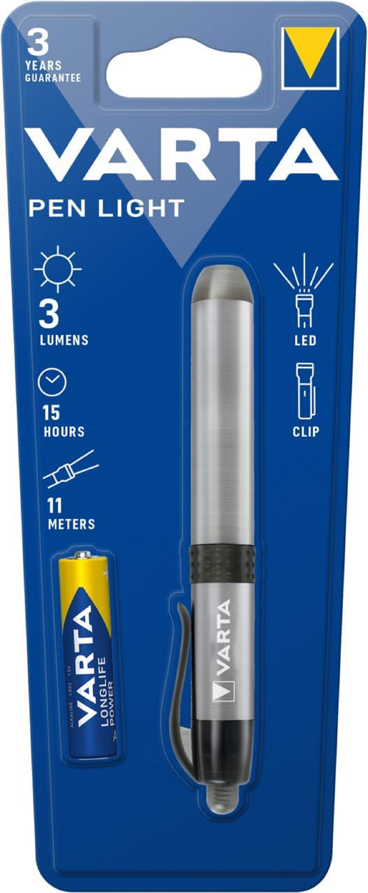Torcia Varta a penna con batteria, 3 lumen, 15 ore, 11 metri.