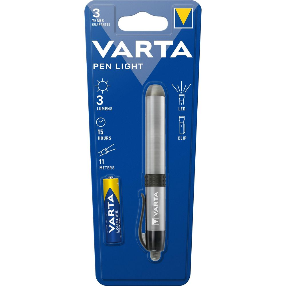 Torcia Varta a penna con batteria, 3 lumen, 15 ore, 11 metri.