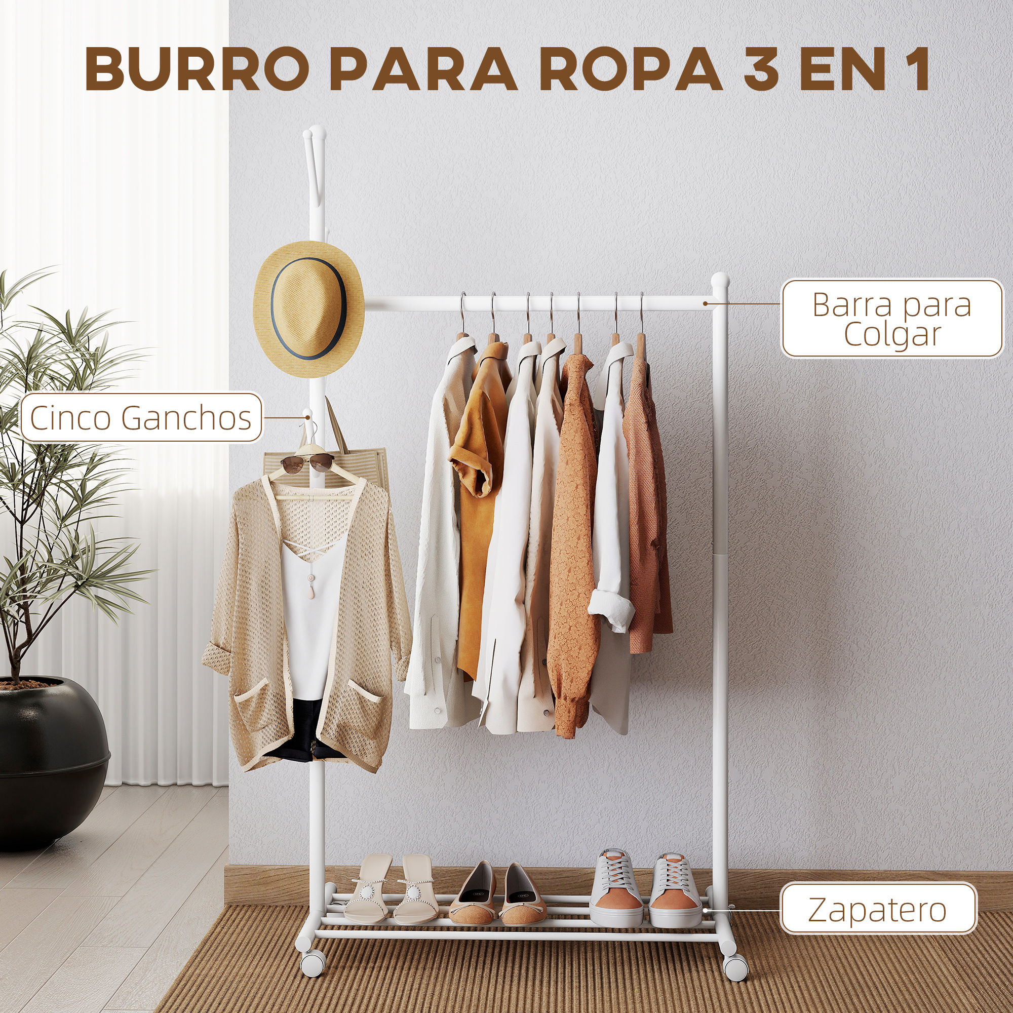 Un perchero blanco con ropa, un sombrero y zapatos en el estante.