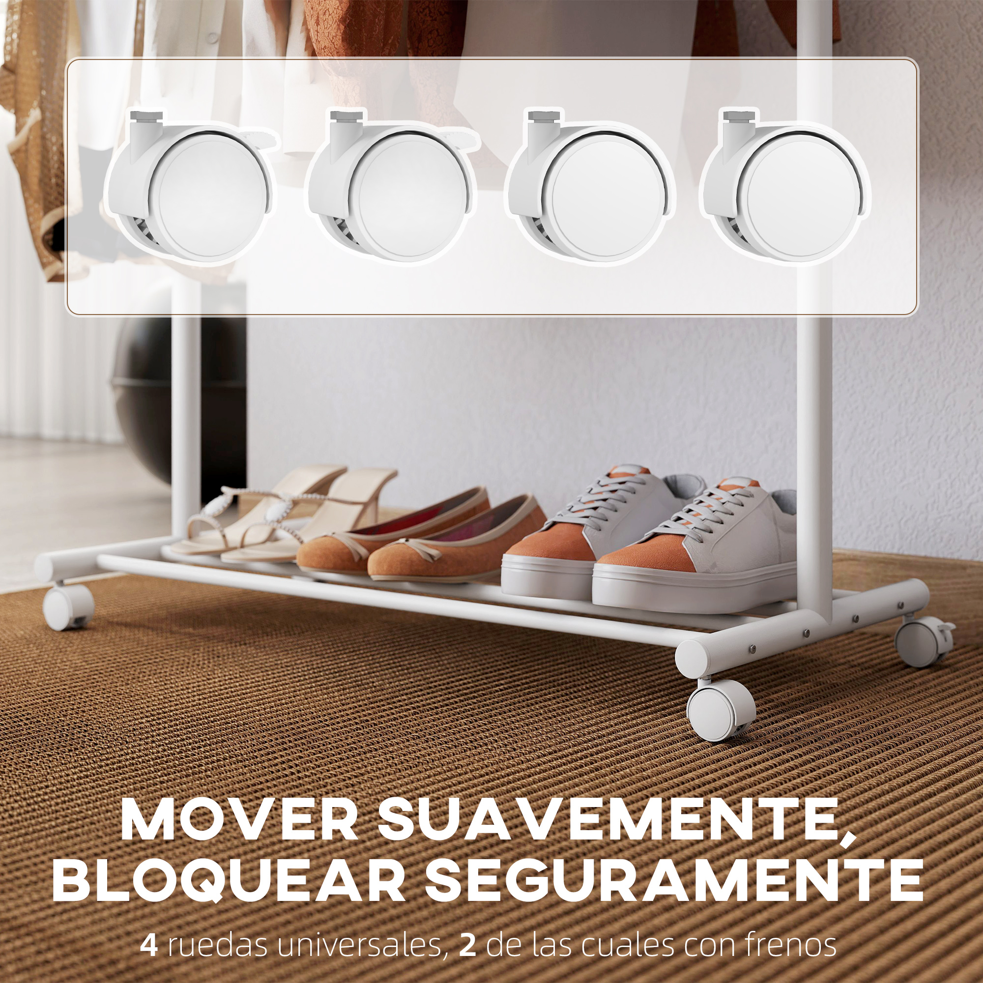 Un zapatero blanco con ruedas, varios zapatos y cuatro ruedas, dos con frenos.