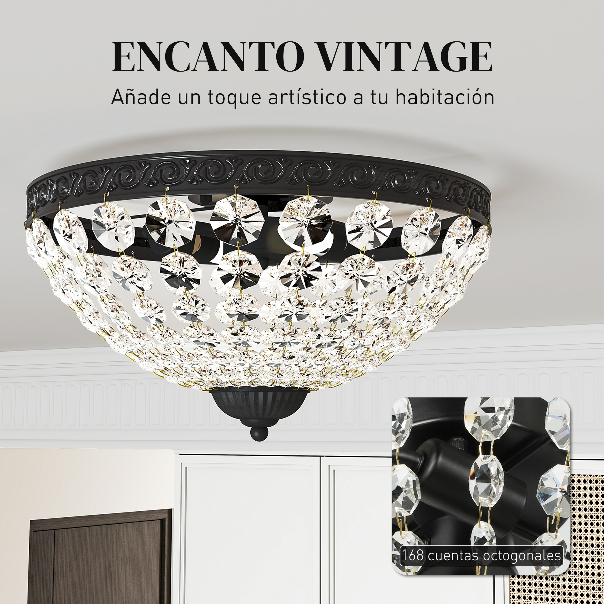 Una delicada lámpara de techo negra con colgantes de cristal transparente colgando de un marco de metal adornado.