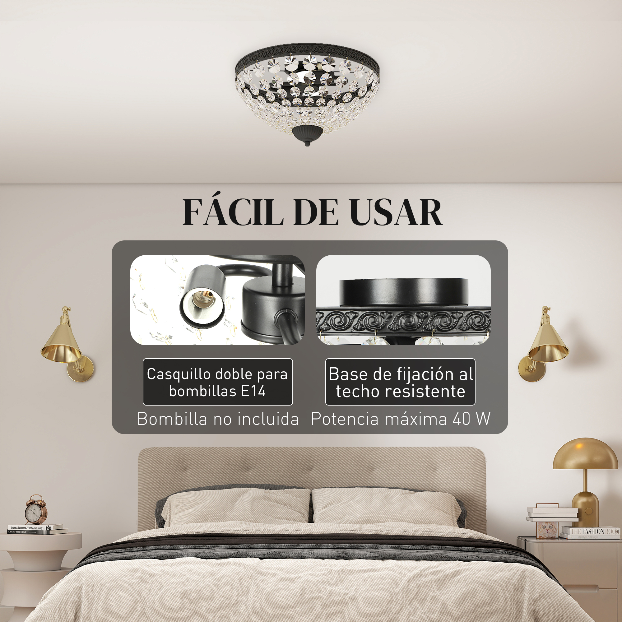 Una habitación con cama, mesitas de noche y una lámpara de techo.