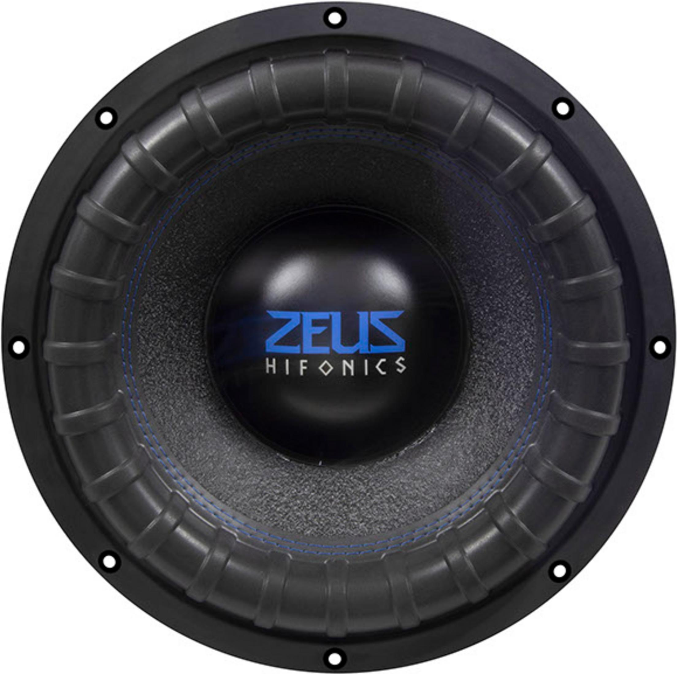 Schwarzer Subwoofer mit blauem Rand und Zeus Hifonics Logo auf schwarzer Kappe.