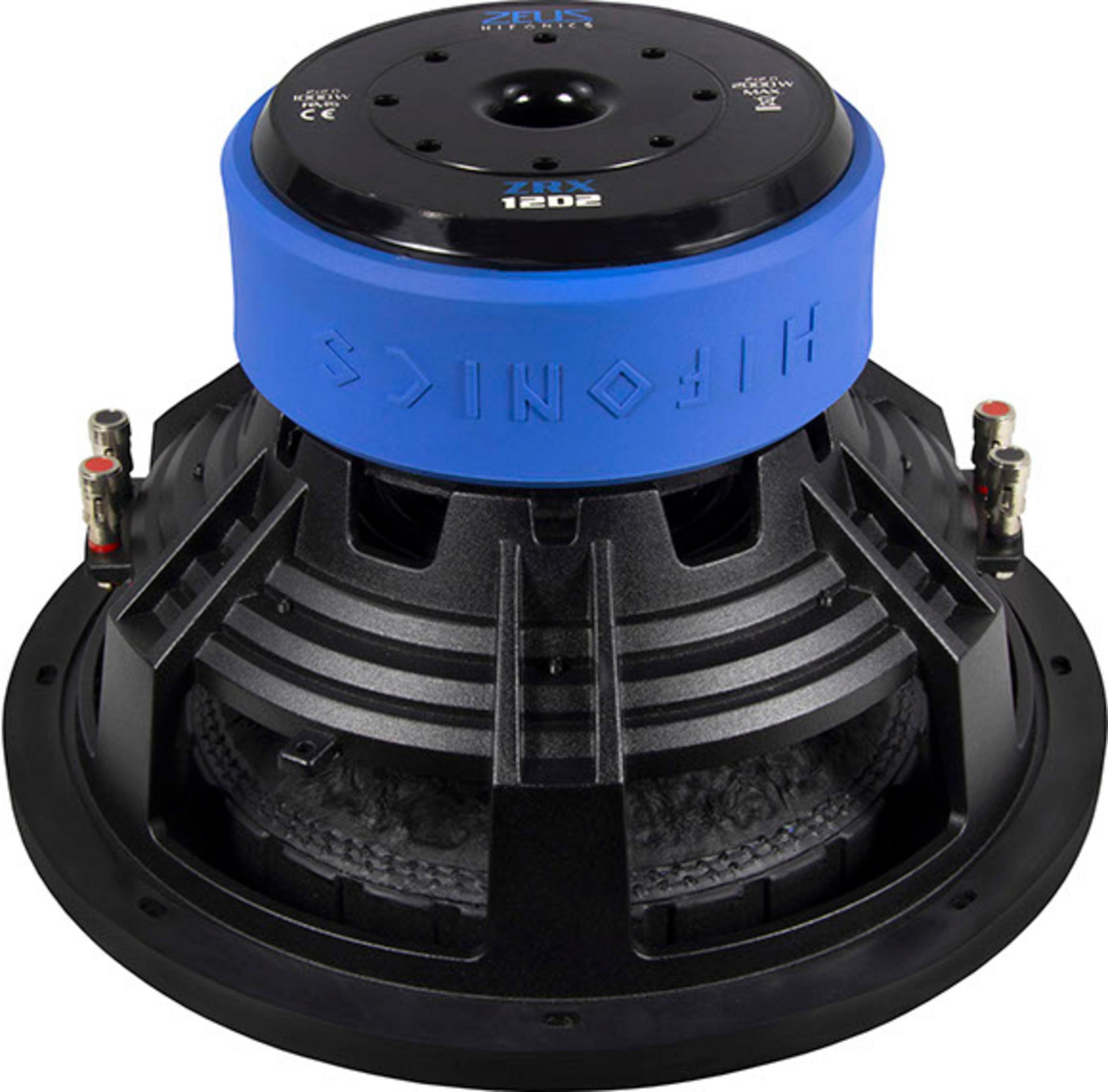 Schwarzer Subwoofer mit blauem Ring und silbernen Anschlüssen.
