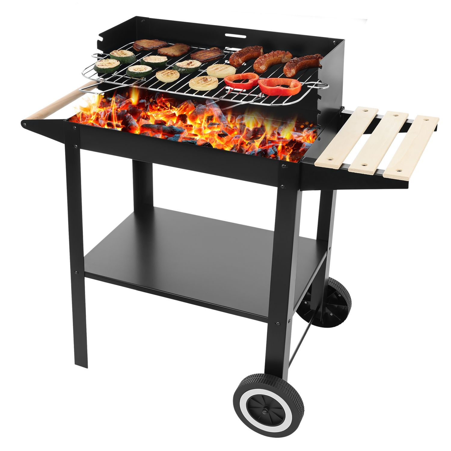 Czarny grill z mięsem, cukinią i papryką na ruszcie nad żarzącymi się węglami.
