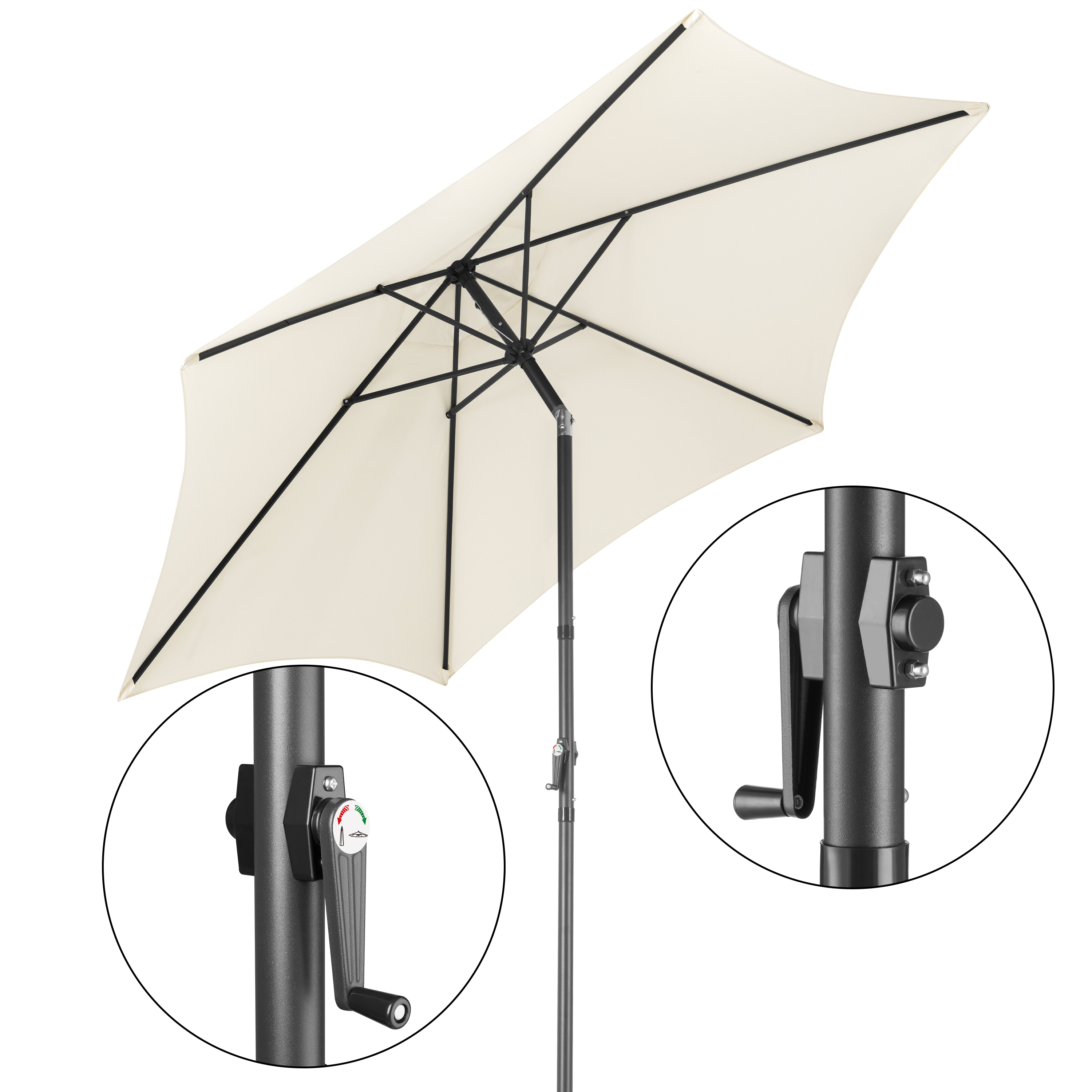 Kremowy parasol z czarną ramą i mechanizmem korbowym.