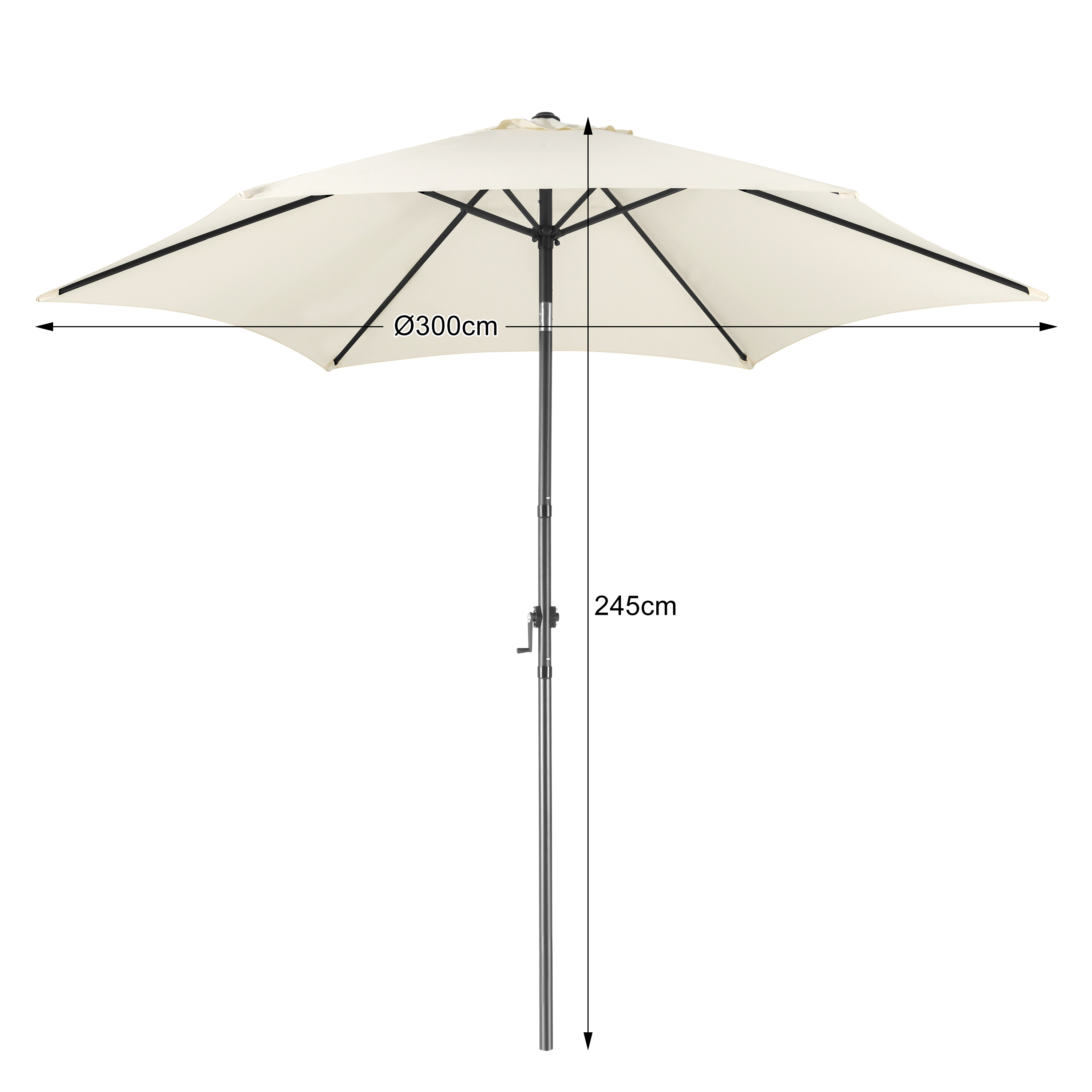 Kremowy parasol z czarną ramą, średnica 300 cm, wysokość 245 cm.