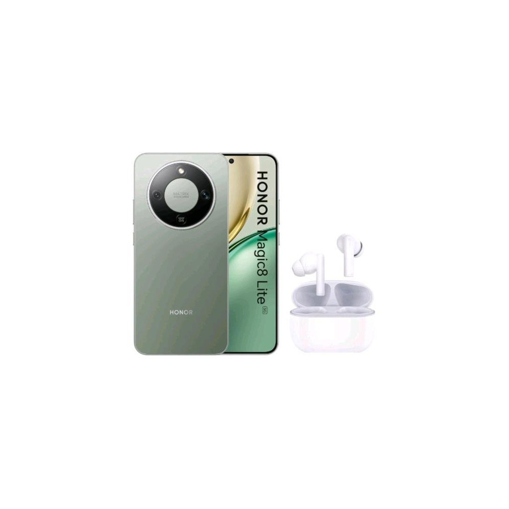 Uno smartphone Honor Magic8 Lite verde accanto a auricolari wireless bianchi in custodia.