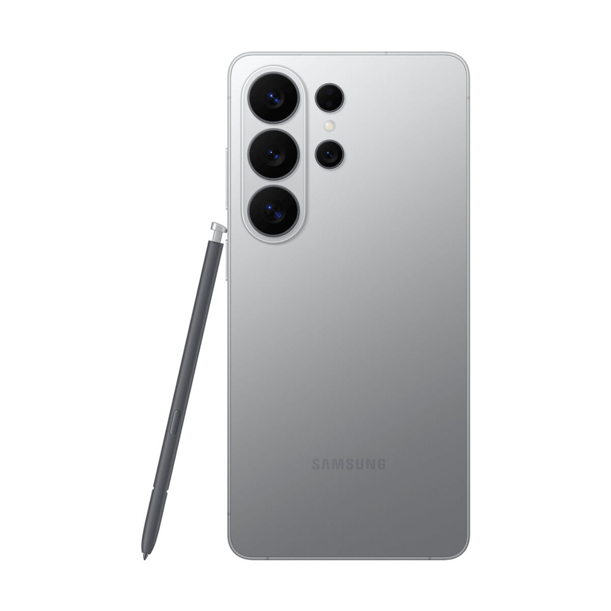 Uno smartphone Samsung argentato con stilo è mostrato di retro.