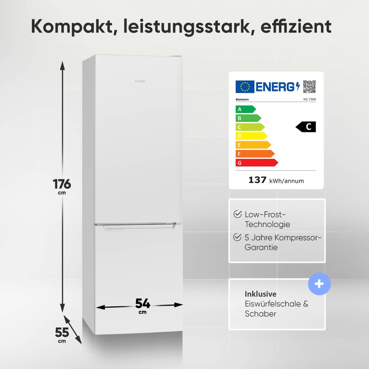 Ein weißer Kühlschrank mit Energieeffizienzklasse C. Maße: 176x54x55 cm.