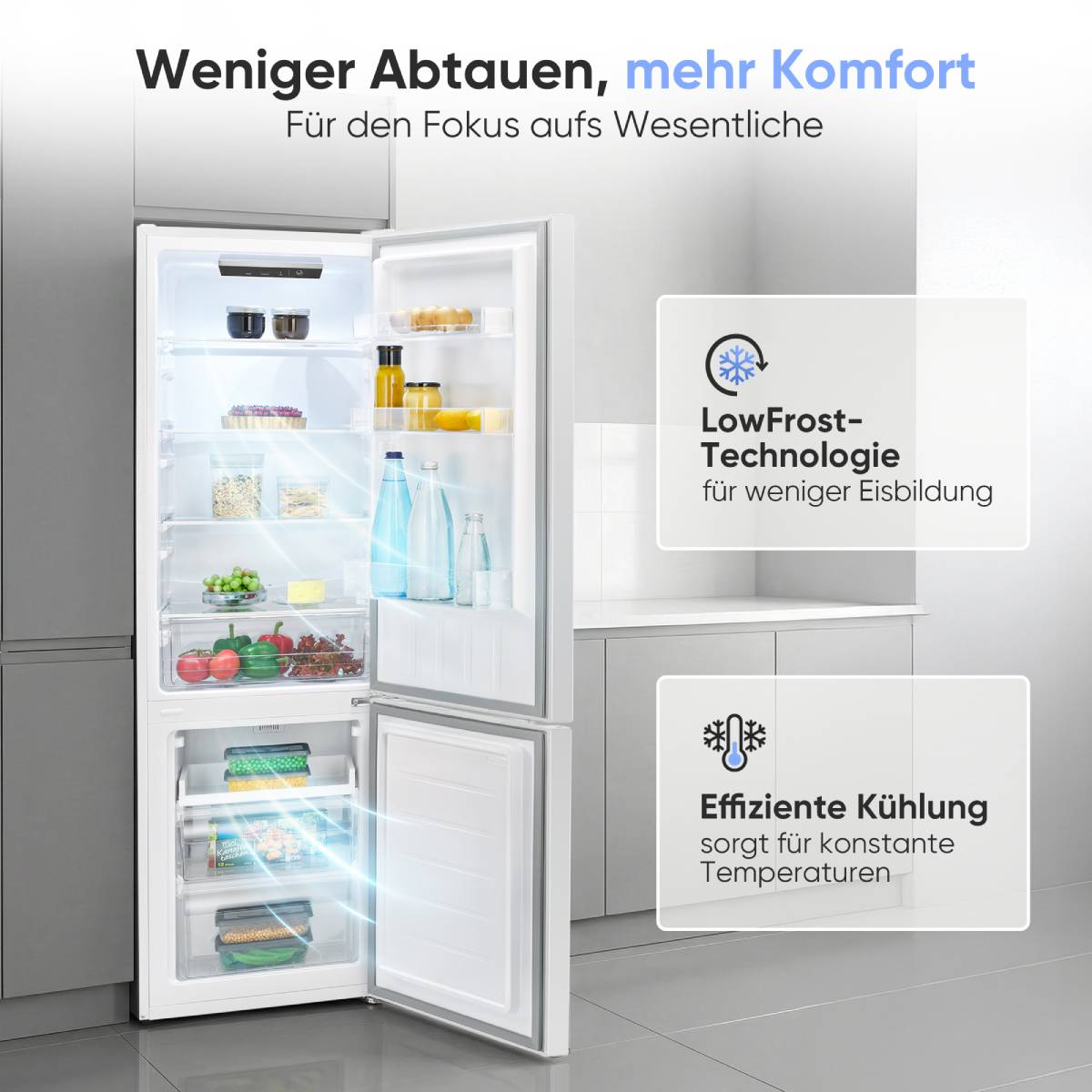Ein offener Kühlschrank mit Lebensmitteln und Textfeldern zu LowFrost und Kühlung.