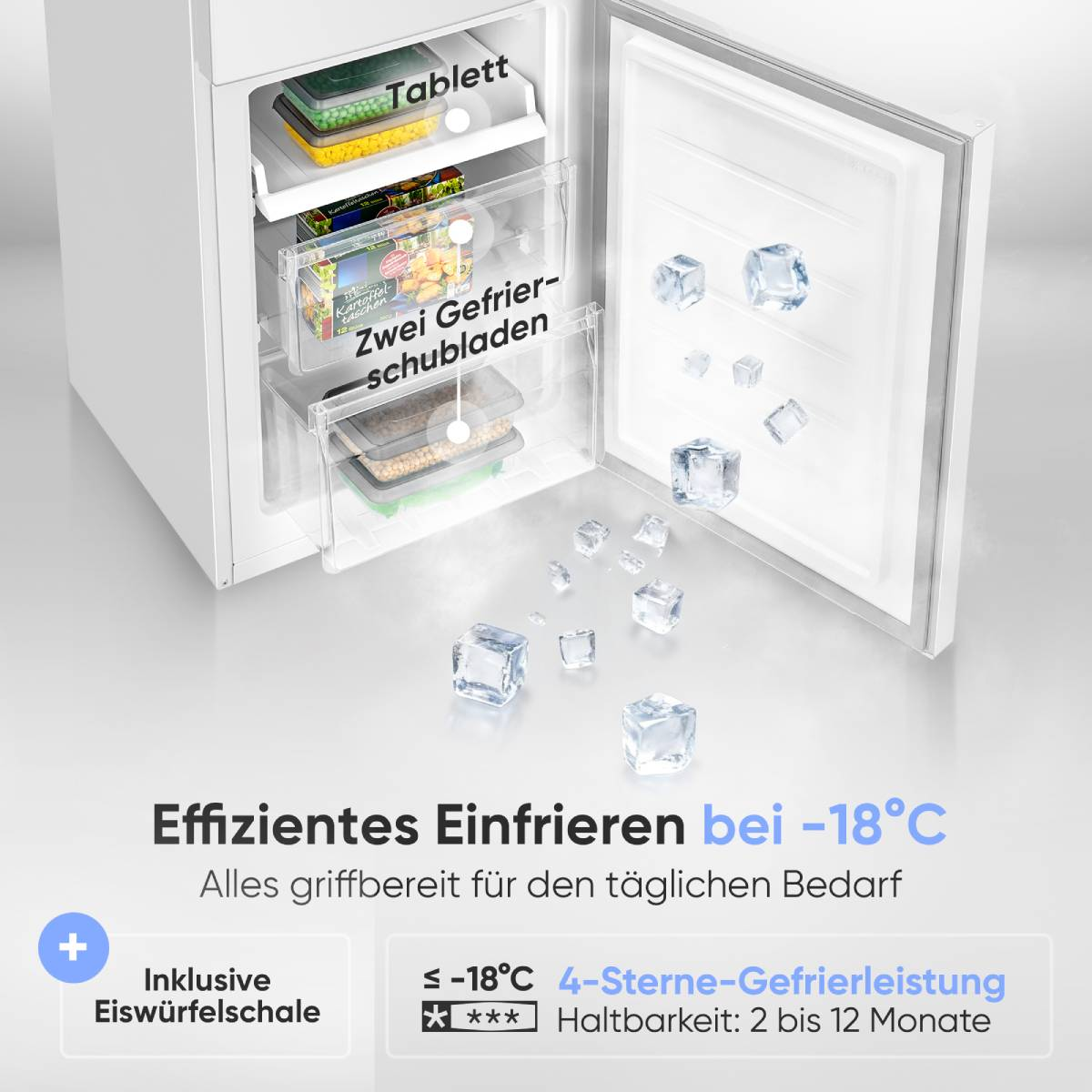 Ein weißer Gefrierschrank mit geöffneter Tür, gefüllt mit Lebensmitteln und Eiswürfeln.
